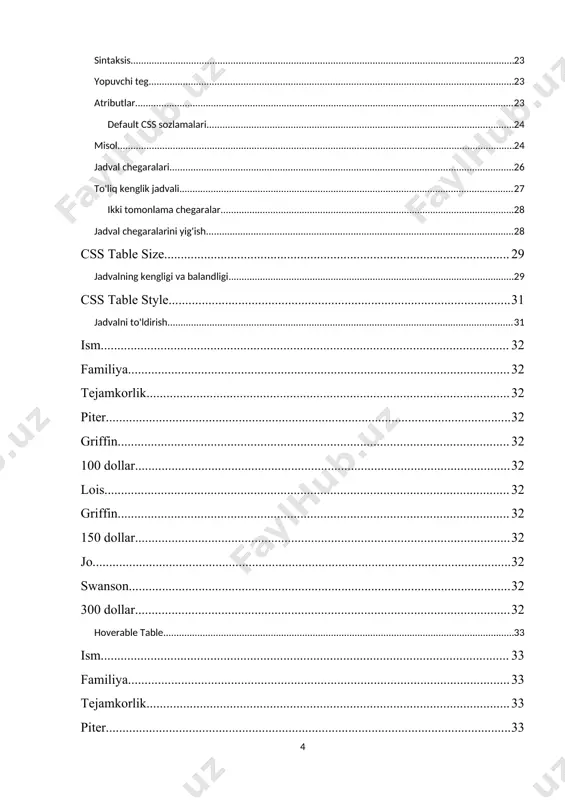 ning foydalanuvchilarini chalkashtirib yuboradi. 2) jadvallar yorliqli sho'rva ishlab chiqaradi : yuqorida aytib o'tilganidek, jadval sxemalari odatda to'g'ri joylashtirish usullaridan ko'ra murakkabroq belgilash tuzilmalarini o'z ichiga oladi. bu kodni yozish, saqlash va disk raskadrovka qilish qiyinlashishiga olib kelishi mumkin. 3) jadvallar avtomatik ravishda javob bermaydi : to'g'ri joylashtirish konteynerlaridan foydalansangiz (masalan , , , yoki ), ularning kengligi asosiy elementining 100% ga teng bo'ladi. boshqa tomondan, jadvallar sukut bo'yicha ularning mazmuniga ko'ra o'lchanadi, shuning uchun turli xil qurilmalarda samarali ishlash uchun jadval tartibini yaratish uchun qo'shimcha choralar talab qilinadi. html tegi ta'rifi va qo'llanilishi tegi html jadvalini belgilaydi. html jadvali bitta elementi va bir yoki bir nechta , va elementlardan iborat. elementi jadval qatorini, elementi jadval sarlavhasini va elementi jadval ustunini belgilaydi. html jadvali shuningdek, , , , va elementlarini ham o'z ichiga olishi mumkin. brauzerlar qo'llab-quvvatlashi default css sozlamalari ko'p brauzerlarda elementida quyidagi default stillar berilgan bo'ladi: table { …