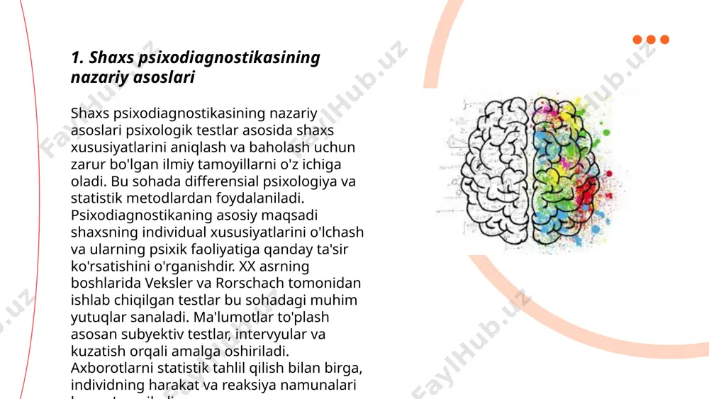 i bilan, eeg va mrining qo'llanilishi kengaydi va ular miyadagi faoliyatni o'rganishga yordam beradi. bu texnikalar psixologik tadqiqotlarda aniq va ishonchli natijalar olishda muhim rol o'ynaydi. ... t.me/slaydai_bot "bolalar va o'smirlar psixodiagnostikasi bolalar va o'smirlarning psixologik holatini baholash uchun qo'llaniladi. bu jarayon orqali bolalarning intellektual qobiliyatlari, emotsional holati va ijtimoiy moslashuvi tadqiq etiladi. psixodiagnostik metodikalar turli yo'nalishlarni qamrab oladi va o'lchash vositalari, masalan, testlar, anketalar va so'rovnomalar qo'llaniladi. bolalar psixodiagnostikasida 0-18 yosh oralig'idagi shaxslarni baholash muhimdir. tadqiqotlar ko'rsatadigan asosiy natijalarni o'z ichiga oladi: iq testi natijalari, emotsional holat skalalari va ijtimoiy qobiliyatlar bahosi. psixodiagnostik ma'lumotlar bolalarning rivojlanish darajasini aniqlashda muhim rol o'ynaydi." ... t.me/slaydai_bot 7. shaxs tipologiyasini aniqlash metodlari shaxs tipologiyasini aniqlash metodlari shaxsning psixologik va ijtimoiy xususiyatlarini aniqlashga yo‘naltirilgan tadqiqot va texnikalardir. ushbu metodlar orasida mbti (myers-briggs type indicator) keng qo'llaniladi, bu 16 turdagi shaxs tipini aniqlashga yordam beradi. yana bir mashhur metod - eysenck shaxs tipologiyasi, u ekstraversiya, …