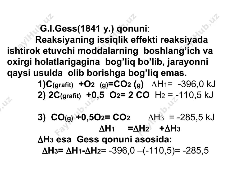s2 s2 > s1 s > 0 2) n 2 + 3h2 = 2nh3 1v 3v 2v s 0 bo’lsa, to’g’ri yo’nalishda o’z-o’zidan bormaydi. 3) g = 0 bo’lsa, reaksiya kimyoviy muvozanat holatida bo’ladi. o’z-o’zicha borishi a) agar jarayon ekzotermik |h| |ts | bo’lsa. b) agar jarayon endotermik h 0, |h| t s , harorat yuqori bo’lishi kerak: g = h - t s 0 entalpiyaning ortishi harorat o’zgarishi bilan boshqariladi.gazlar ishtirokida amalga oshadi. agar h  0, lekin |h|  t s g = h - t s  0 izobar –izotermik potensial qiymati noldan katta jarayon o’z-o’zicha amalga oshmaydi. s. sh. i mol moddani oddiy moddalardan hosil bo’lish standart gibbs energiyasi gof,298 bilan belgilanadi. co(g)+ h2o(g) = co2(g) + h2(g) -137,176 -228,66 -394,47 o gor= |(-394,47+0)-(-137,16+(-228,66)|= -8,634 kj|mol gor ning qiymati jarayonning o’z-o’zicha borish ehtimolligini ko’rsatadi. jarayonning tez yoki sekin borishini baholashga imkon bermaydi. 3- jadval. ba’zi moddalarning …