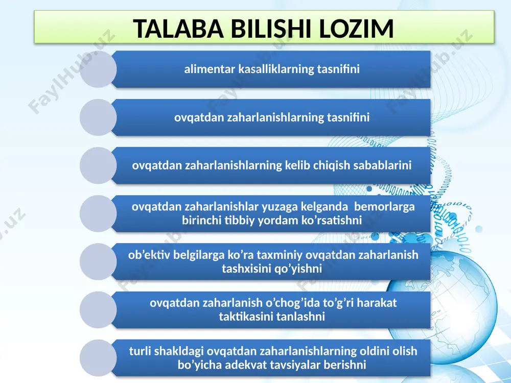 nishi, so’zlarni chaynash, yutish jarayonlarining izidan chiqishi, oshqozon-ichak yo’li mushaklarining parezi (ichqotish, meteorizm) kuzatiladi. tana harorati me’yorida bo’lib, puls tezligining ortishi. davolanishning maxsus usuli bo’lib, bemorga polivalentli zardob yuboriladi. botulizm zaharining borligini aniqlash uchun biologik sinama quyiladi. bu maqsadda dengiz cho’chqasi yoki sichqonlardan foydalaniladi. stafilokokkli toksikoz stafilokokkli toksikozlar – kasallik manbai – odam (angina, yuqori nafas yo’llarining yallig’lanishi, yiringli kasalliklar, teri yarasi, sigirlarda mastit kasalligi) hisoblanadi. stafilokokk toksinining to’planishi uchun qulay sharoitlar quyidagilardan iborat: sut, sut mahsulotlari, konditer mahsulotlari, ayniksa yog’li baliq konservalar. kasallikning yashirish davri 1-6 soat. tana harorati sufebril bo’lib, ko’ngil aynish, qusish, oshqozon sohasida og’riq, ich ketish hollari kuzatiladi. kasallikga tashxis quyish uchun shubhali ovqat mahsuloti muhitiga o’xshaganida ko’p miqdorda enterotoksin ishlab chiqarilishiga va uning gemolitik xususiyatiga ko’ra qo’yiladi. enterotoksin xususiyatini aniqlash uchun biologik sinama qo’yiladi. salmonella guruhiga kiruvchi tirik mikroorganizmlarni, patogen serotipiga kiruvchi ichak taekchasi mikroblari, protey, spora xillari kuchli ifloslangan sharoitda kelib chikadi. salmonellarning manbai …