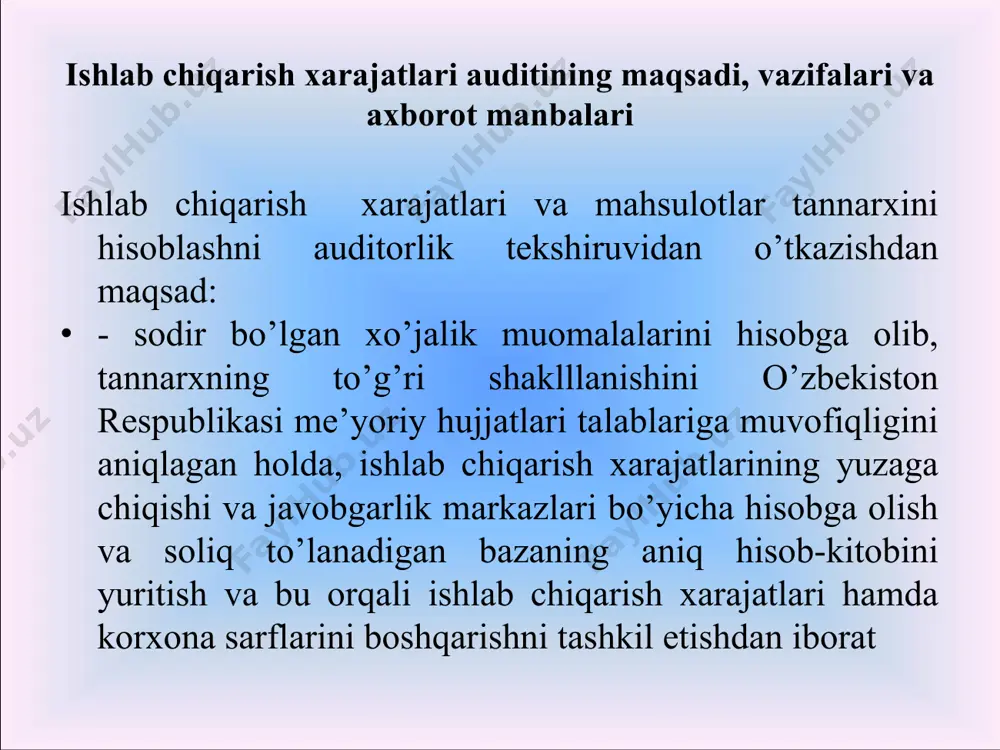 ta va bilvosita mehnat haqi xarajatlari asosiy ish haqlari qo’shimcha ish haqlari ish haqiga ustamalar ishlab chiqarishga taalluqli mehnat haqidan ajratmalar ijtimoiy ta’minot bo’limiga mehnat birjasiga kasaba uyushmasiga asosiy vositalar va nomoddiy aktivlar amortizatsiyasi, eskirish xarajatlari asosiy vositalarning eskirishi nomoddiy aktivlarning eskirishi asosiy vosita va nomoddiy aktivlarni ijara haqlari ishlab chiqarish xarakteridagi boshqa xarajatlar turli ishlar va xizmatlar soliqlar, yig’imlar va hakozo. ishlab chiqarish moddiy xarajatlari elementi tarkibiga ishlab chiqariladigan mahsulotning asosini tashkil etuvchi yoki mahsulotni tayyorlash (ishlarni bajarish va xizmatlarni ko’rsatish)da zarur tarkibiy qism hisoblangan, chetdan sotib olingan xom-ashyo va materiallar,butlovchi buyumlar va yarim tayyor mahsulotlar,ish va xizmatlar hamda nizomda belgilangan boshqa xarajatlar kiradi. «xarajatlar tarkibi..... to’g’risidagi nizom»ga muvofiq ishlab chiqarish faoliyatiga taalluqli joriy ijaraga olish bilan bog’liq xarajatlar ham mahsulotlar tannarxiga kiritiladi. ijara to’lovlarini mahsulotlar tannarxiga kiritish bo’yicha nizomda hech qanday cheklashlar ko’zda tutilmagan. xususan, joriy tartibda ijaraga olingan asosiy vositalarni ta’mirlash xarajatlarini hisobdan o’chirish ko’plab munozarali masalalarni …