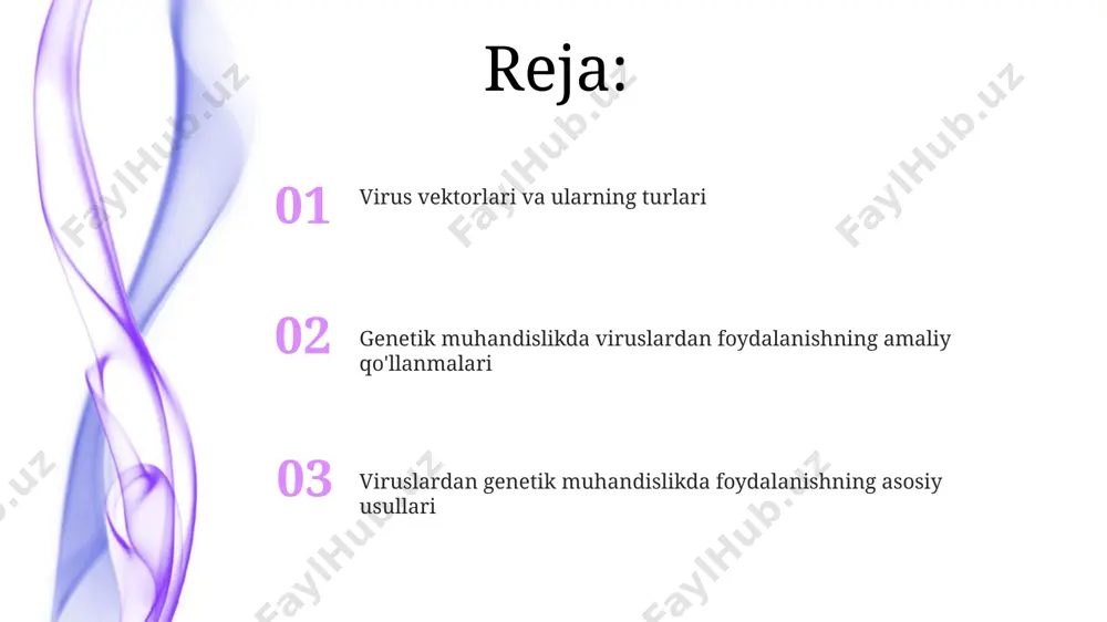 kiritish orqali 10 6 -10 9 kopiya soniga ega vektorlarni olish imkonini beradi. viruslarning genetik muhandislikdagi ahamiyati bakteriofaglar kabi viruslar, bakteriyalar genomiga ma'lum genlarni kiritish orqali genetik modifikatsiyalangan bakteriyalarni yaratishda muhim rol o'ynaydi, bu esa 100 dan ortiq turli xil tadqiqotlarda qo'llaniladi. lentiviruslar, shu jumladan hiv-1 dan olinganlar, o'z genomlarini xost hujayralarining dnksiga integratsiya qilish qobiliyatiga ega bo'lib, doimiy gen ekspressionini ta'minlaydi va 10% dan kam yon ta'sirga ega. retroviruslarni qo'llash retroviruslarning genetik materiallarni hujayraga samarali yetkazish qobiliyati tufayli, ular gen terapiyasida 90% dan ortiq samaradorlik bilan qo'llaniladi. lentiviruslar, retroviruslar oilasiga mansub bo'lib, inson immunitet tanqisligi virusi (oiv) ga o'xshash bo'lib, hujayralarning 5-10% ga yuqori darajada integratsiyalanishini ta'minlaydi. bakteriofaglarni qo'llash bakteriofaglarning litik sikli, bakteriyalarni yuqtirganidan keyin ularni yo'q qilish qobiliyati, antibiotiklarga chidamli bakteriyalarni yo'q qilish uchun terapevtik vosita sifatida qo'llanilishi mumkin. bakteriofaglar, masalan, t4 fagi kabi, o'z dnklarini bakteriya genomiga kiritish qobiliyatiga ega bo'lib, shu orqali genlarni bakteriyalarga etkazishda vektor …