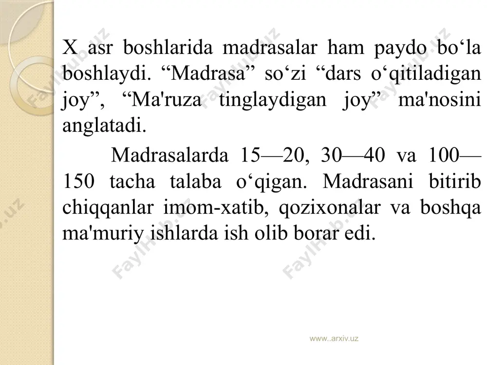 dan qaytaradi va insonni ezgulikka yetaklaydi ezgu sifatlar, xalol mehnat qilish insoniyatni xalq mushkulini oson qilishga chaqiradi, saxovatli bо‘lishga о‘rgatadi insonni islom ekstremizmi, fundamentalizmi va terrorizmga qarshi kurashga undaydi ....: “qo‘li bilan va tili bilan o‘zgalarga ozor bermagan kishi musulmondir”, “o‘zingiz yaxshi ko‘rgan narsani birodaringizga ravo ko‘rmaguningizcha hech biringiz chinakam mo‘min bo‘la olmaysiz” (3-4-boblar); “uchta xislatni o‘zida mujassam qilgan kishining iymoni mukammal bo‘lgaydir: - insofli va adolatli bo‘lmoq; - barchaga salom bermoq; - kambag‘alligida ham sadaqa berib turmoq” (20-bob). www..arxiv.uz bundan tashqari, kishilar uchun xos bo‘lmagan munofiqlik xislati xususida ham so‘z yuritiladi, chunonchi, «rasululloh sallallohu alayhi vassalam aytganlar: “quyidagi to‘rtta xislat kimda bo‘lsa, aniq munofiq bo‘lg‘aydir, kimdaki, ulardan bittasi bo‘lsa uni tark etmaguncha munofiqlikdan bir xislati bor ekan, deyiladir: - omonatga xiyonat qilgaydir; - so‘zlasa yolg‘on so‘zlaydir; - shartnoma tuzsa, shartida turmagaydir; - urishib qolsa, kek saqlagaydir va nohaqlik qilaydir (25-bob). www..arxiv.uz “tolibi ilm qilish farzdir. tolibi ilmga har bir …