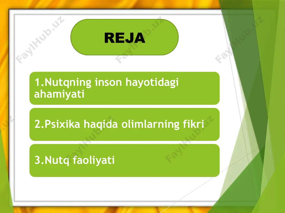 tikulyasiyasi tarzida yoki ushbu belgilarning yozuvda shartli aks etishi tarzida yuzaga chiqadi. psixologiyada «til» va «nutq» tushunchalari mavjud. til – bu odamlar uchun ma’lum ma’no va ahamiyat kasb etuvchi tovush birikmalarini yetkazuvchi shartli ramzlar tizimi. til jamiyat tomonidan ishlab chiqilgan bo’lib, odamlarning ijtimoiy ongida ularning ijtimoiy turmushini aks ettirish shakli, shuningdek, ijtimoiy-tarixiy rivojlanish mahsuli bo’lib hisoblanadi.evolutionary psychology david m. buss, third edition , the university of texas at austin, 2008 р 416 tilning noyob hodisaviyligi shundaki, har bir odam atrofdagilar muloqotda bo’ladigan tarkib topgan tilga ega bo’ladi va rivojlanish jarayonida uni o’zlashtirib boradi. til – bu murakkab hosila. istalgan til, avvalo, tilning leksik tarkibi deb ataluvchi ma’nodor so’zlarning ma’lum tizimiga egadir. bundan tashqari, til so’z va so’z birikmalari turli shakllarining ma’lum tizimidan iborat bo’lgan til gram-matikasiga, shuningdek, aniq bir tilga xos bo’lgan ma’lum tovush yoki fonetik tarkibga egadir. m.g.davletshin fikricha, psixika deganda – oliy darajadagi materiyaning (miyaning) xususiyati tushunilib, u …