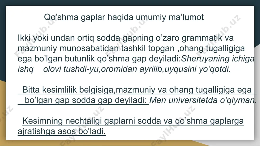 r bilan bog’liq to’g’ri ekanligi ta’kidlanadi. bog’langan qo’shma gaplar qismlari teng bog’lovchilar -u,-yu,-da yuklamalari,bo’lsa, esa va teng bog’lovchilar yordamida bog’lanishlarga bog’langan qo’shma gap deyiladi.buni quyidagilarda ko’rishimiz mumkin. teng bog’lovchilar : 1.biriktiruv b:va, hamda,ham ,-u,-yu,-da. 2.zidlov b: ammo ,lekin,biroq,balki. 3.ayiruv b: yo,yoki,yo..yo,dam..dam,ba’zan..ba’zan. 4.inkor b: na…na 5.bo’lsa,esa biriktiruv bog’lovchili bog’langan qo’shma gap biriktiruv bog’lovchili bog’langan qo’shma gap qismlari bir paytda yoki ketma ket ro’y beradigan voqea -hodisalarni bildiradi. 1.yashnab turgan xushbo’y gullardan uzib oldi-da,uning barglari orasiga behush qiladigan dori sepdi.(farhod va shirin) 2. farhod uzukni o’pib,sajda qildi-yu,xudoga shukronalar aytib,otga minding. (farhod va shirin) bog’lovchi vazifasida qo’llanuvchi bo’lsa esa so’zlari yordamida tuzilgan bog’langan qo’shma gaplarda ham bir paytda yoki ketma ket sodir bo’lgan voqealar ifodalanadi,shu bilan birga bunday tuzilishdagi gaplarda qiyos,izoh ,zidlik kabi ma’no munosabatlari ham shakllanadi. misol: atrofni kiyiklar o’rab olar, bu esa ko’rinardi.(layli va majnun) cho’pondek< zidlov bog’lovchilari ammo,lekin,biroq,balki valekin,lek,-u,-yu,-da qo’shma gap qismlarini bog’lash bilan birga uning o’rtasidagi zidlik munosabati mavjudligini …