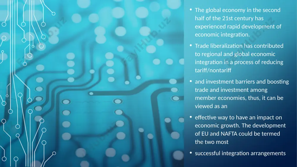 by averaging these six indicator dimensions. this section reviews recent empirical literature concerning the impact of economic integration on economic growth. it also examines the channels through which economic integration exerts its influence on economic growth, such as productivity growth, capital accumulation, trade, and financial integration. furthermore, one of the channels through which monetary union accelerates economic growth is via trade. thus, choe (2001) examined the impact of economic integration via trade on business cycles in 10 east asia countries. evidence from the study revealed that deeper trade interdependence among the countries lead to the synchronization of more economic fluctuations within the region. barr et al. (2003) investigated the economic effects of european economic and monetary union (emu) by conducting a comparative analysis between countries in emu with the eu countries outside image2.png image1.jpeg image3.jpeg image4.jpeg image5.jpeg image6.png image7.jpeg 676210320