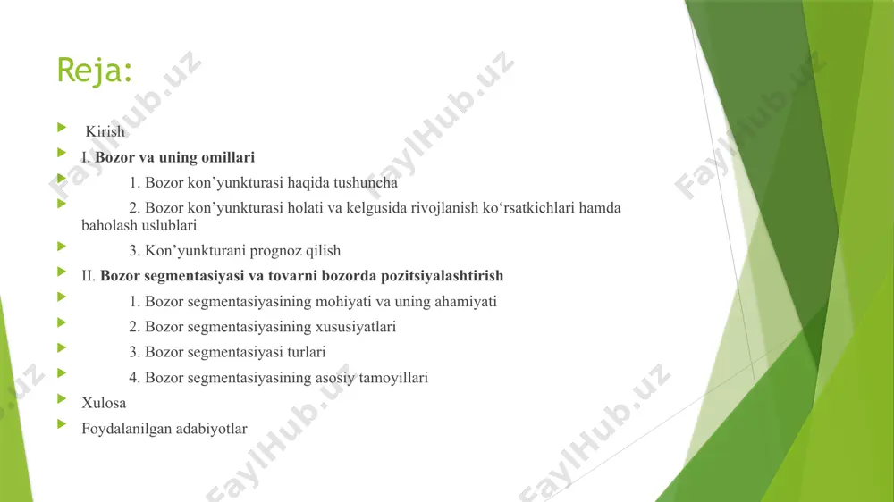 ktura bu omillar va qayta ishlash sharoitlarining rivojlanishi va o‘zaro aloqadorlikda talab, taklif, narx omillari asosida bozordagi bir ko‘rinishdir. kon’yunkturani prognoz qilish bozor kon’yunkturasi holati va kelgusida rivojlanish ko‘rsatkichlari hamda baholash uslublari kon’yunktura tahlili o‘z ichiga ishlab chiqarish va iste’molning hajmi, tarkibi, bir tovarning boshqasining o‘rnini egalay olish imkoniyati, tovar zahiralari, narxning o‘zgarishi, reklama xizmati, bozor ishtirokchilarining o‘rganishni oladi. bozor konyu’nkturasini muntazam ravishda o‘rganib borish savdo faoliyatini muvaffaqiyatli yakuniga imkon beradi. har davrda bozor kon’yunkturasi qaysi tovar chiqarishni ko‘paytirish, qaysi tovarga talabning kamayishi haqida aniq ma’lumotlar beradi. bu ma’lumotlar ishlab chiqarish uchun ham savdo firmasi uchun ham zarurdir. bozor kon’yunkturasi bozorda muvozanatni mavjudligi yoki bo‘zilganligi bilan xarakterlanadi. kon’yunkturani prognoz qilish ayrim tovar bozor kon’yunkturasini o‘rganishdan maqsad to‘g‘ri prognoz qilish va o‘zgarishlarning oldindan aytib berishdan iboratdir. umuman bashorat - bu ob’ekt ahvolining kelajagi haqida, fikrlari va rejalarini ruyobga chiqarish yo‘llari va muddatlaridir. bashorat insonning o‘rganish va amaliy faoliyatida yo‘llangan ob’ekti bo‘lib, …