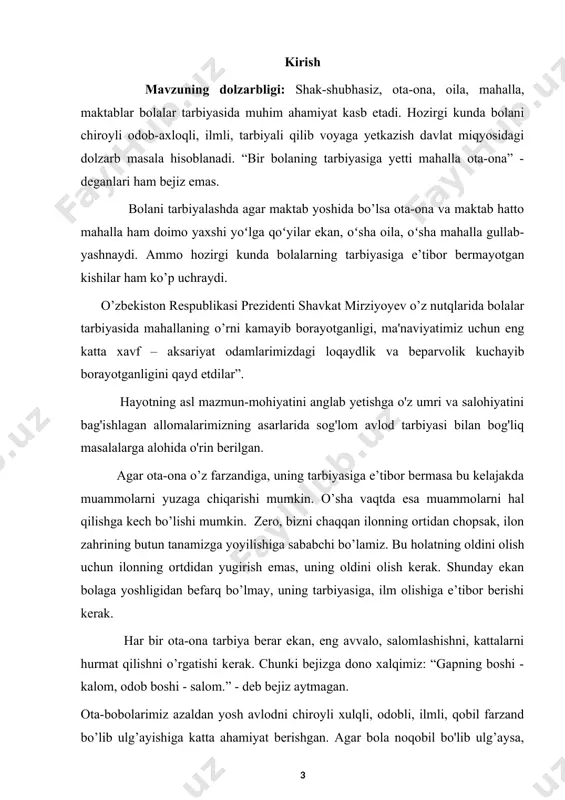 gi nizolarning maktab ta’limi ta’siri va nizolarni hal qilish usullari. kurs ishi predmeti: bola shaxsidagi nizolarning maktab ta’limiga moslashishga ta’siri. kurs ishi tuzilishi: bajarilgan kurs ishi kirish qismi, ikkita bobdan,to’rtta paragraf va qilingan xulosalardan iborat. ishda o’rganilishi e’tiborga olingan ma’lumotlar tushunarli ravishda ifodalash uchun chizma jadvallar va rasmlar berildi.ishga qo’yilgan maqsadga erishishi uchun to’plangan adabiyotlar manbalarning nomlari va elektron manzillari keltirildi. i bob.oilaviy nizolarning bola psixo-fiziologik rivojlanishidagi salbiy oqibatlari 1.1. nizolarning kelib chiqishi. oiladagi ota-ona va bola nizolari. sinxron faoliyatida oila o'rnatilgan aloqalar tufayli qandaydir muvozanatda bo'lgan tizimdir. biroq, bu muvozanatning o'zi harakatchan, tirik, o'zgaruvchan va yangilanadi. ijtimoiy vaziyatning o'zgarishi, oila yoki uning a'zolaridan birining rivojlanishi oila ichidagi munosabatlarning butun tizimini o'zgartirishga olib keladi va munosabatlarni o'rnatish uchun yangi imkoniyatlarning paydo bo'lishi uchun sharoit yaratadi, ba'zan diametrik ravishda qarama-qarshi bo'ladi. birgalikda muvaffaqiyatli hayot uning har bir ishtirokchisidan alohida qobiliyatlarni talab qiladi. oiladagi har qanday o'zaro munosabatlar minimal umumiy fikrlarni, minimal …