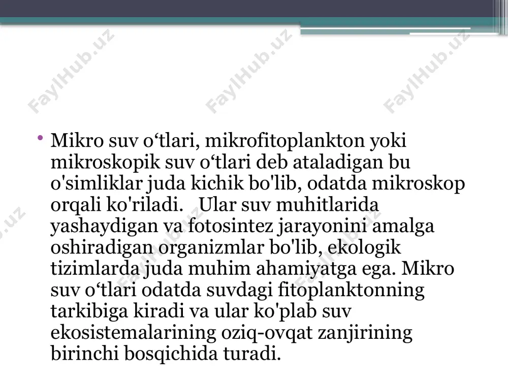 tni atmosferadan olib, o'simliklar uchun foydali shaklga aylantirish) xususiyatiga ham ega. bu xususiyat ularni tuproqni boyitishda va ekosistemalarda muhim rol o'ynashga yordam beradi. cyanobakteriyalar ko'pincha suvning turli qatlamlarida va daryolarda uchraydi. ba'zi turlari atrof-muhit uchun zararli bo'lishi mumkin, chunki ular ba'zi toksik moddalarning hosil bo'lishiga olib kelishi mumkin. 4. chlorophyta (yashil suv oʻtlari): chlorophyta — yashil rangdagi alga guruhiga mansub mikro suv oʻtlari bo'lib, ular ko'plab daryolarda, ko'llarda va oqova suvlarida uchraydi. ularning ko'plari fotosintez orqali kislorod ishlab chiqaradi va hayvonlar uchun oziq-ovqat manbai sifatida ishlatiladi. chlorophyta ko'plab suv ekosistemalarida o'sadigan o'simliklar turkumiga kiradi. mikro suv oʻtlarining ekologik va iqtisodiy ahamiyati 1. fotosintez va kislorod ishlab chiqarish: mikro suv oʻtlari ekosistemalarda fotosintez jarayonini amalga oshiradi, bu esa havodagi uglerod dioksidini yutadi va kislorod chiqaradi. bu jarayon atmosferadagi kislorod miqdorini oshirib, hayotning davom etishini ta'minlaydi. 2. oziq-ovqat zanjiri: mikro suv oʻtlari oziq-ovqat zanjirining boshlanishi hisoblanadi, chunki ular fitoplankton sifatida yirik dengiz …
