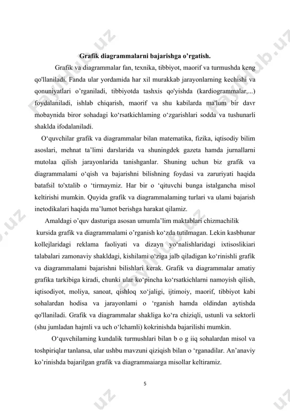 si sifatida graflklami ko‘rsatish mumkin. funksiyaning jadvalli va grafik ko‘rinishlarini taqqoslang. ushbu ko‘rinishlaming qaysi bin ikkita o'zgaruvchan kattalik - x va ular o‘rtasidagi funksional bog'ianishni yaqqol va lo‘nda ifodalaydi .(13 l-shakl). 2-misol fermer xo'jaligining sentabr oyidan mart oyigacha davrda dizel yoqilg'isi va benzin olish bo‘yicha tovar birjasi bilan tuzgan shartnomalarining o’zgarish diagrammasini tuzing (132-shakl). yaqqollikni ta'minlash maqsadida ustunli diagrammalardon ham foydalanish mumkin. ulami bajarishda eni bir xil boigan to‘g‘ri to‘rtburchaklardan foydalaniladi. to‘g‘ri to‘rtburchaklaming balandligi solishtiriladigan kattaliklarning son birliklariga mos bo‘ladi. to‘g‘ri to‘rtburchaklaming yuzalarini shtrixlab chiqish yoki bo'yash kerak bo‘ladi. to‘g’ri to‘rtburchaklarning ichiga yoki ustiga ulaming son qiymatlari yoziladi. ustunlar guruhlari orasidagi masofa taxminan bitta ustunning eniga teng qilib olinadi. maktab o'quvchilarining 4-yillik o'zlashtirish ko‘rsatkichlari ustunli diagramma yordamida berilgan sektorli diagrammalar odatda yaxlit bir butun tarkibiy qismlarining nisbatlarini tasvirlash maqsadida qollaniladi. bunday diagrammani qurish tichun avlana fikran 100 ta teng bo‘iakkabolinadi. maktab o’quvchilarining sutkalik vaqt taqsimotini sektorli diagrammada ifodalang. bunda oldin …