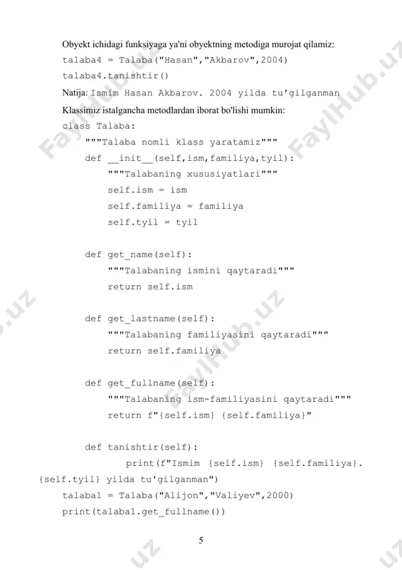 web sahifangiz uchun foydalanuvchi (user) klassini tuzing. klassning xususiyatlari sifatida odatda ijtimoiy tarmoqlar talab qiladigan ma'lumotlarni kiriting (ism, foydalanuvchi ismi, email, va hokazo) · klassga bir nechta metodlar qo'shing, jumladan get_info() metodi foydalanuvchi haqida yig'ilgan ma'lumotlarni chiroyli qilib chiqarsin (masalan: "foydalanuvchi: alijon1994, ismi: alijon valiyev, email: alijon1994@gmail.com). · klassdan bir nechta obyektlar yarating va uning xususiyatlari va metodlariga murojat qiling. 1