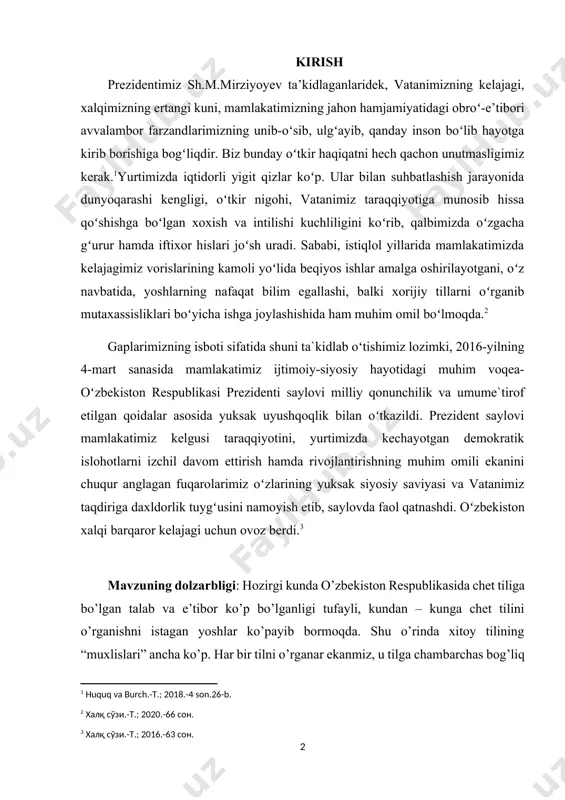 lajagi uchun ovoz berdi.[footnoteref:3] [3: халқ сўзи.-т.; 2016.-63 сон. ] mavzuning dolzarbligi: hozirgi kunda o’zbekiston respublikasida chet tiliga bo’lgan talab va e’tibor ko’p bo’lganligi tufayli, kundan – kunga chet tilini o’rganishni istagan yoshlar ko’payib bormoqda. shu o’rinda xitoy tilining “muxlislari” ancha ko’p. har bir tilni o’rganar ekanmiz, u tilga chambarchas bog’liq bo’lgan madaniyati hamda adabiyotini ham bilishimiz kerak. xitoy tilini o’rganuvchi talabalar adabiyoti bilan ham tanish bo’lishi ularning tilga bo’lgan qiziqshini oshiradi deb o’ylayman. xitoy adabiyotining katta qismi qadimgi davrlarda yozilgan adabiyotlardir.xitoy adabiyoti topishmoqlari namunasi, shuni aytib o’tish kerakki har bir topishmoq bilan shug’ullanmoqchi bo’lganlar o’z ishini qadimgi xitoy topishmoqlarini o’rganishdan boshlashi kerak. xitoy adabiyotida topishmoqlar va ularning tahlili orqali qadimgi davrlar mohirona tasvirlangan. kurs ishining maqsad va vazifalari. ushbu kurs ishining asosiy maqsad va vazifasi xitoy adabiyotida topishmoqlar va ularning tahlili o‘rganish. kurs ishining tuzilishi. kurs ishi kirish, tort reja xulosa va foydalanilgan adabiyotlar ro‘yxatidan tashkil topgan. kirish qismida …