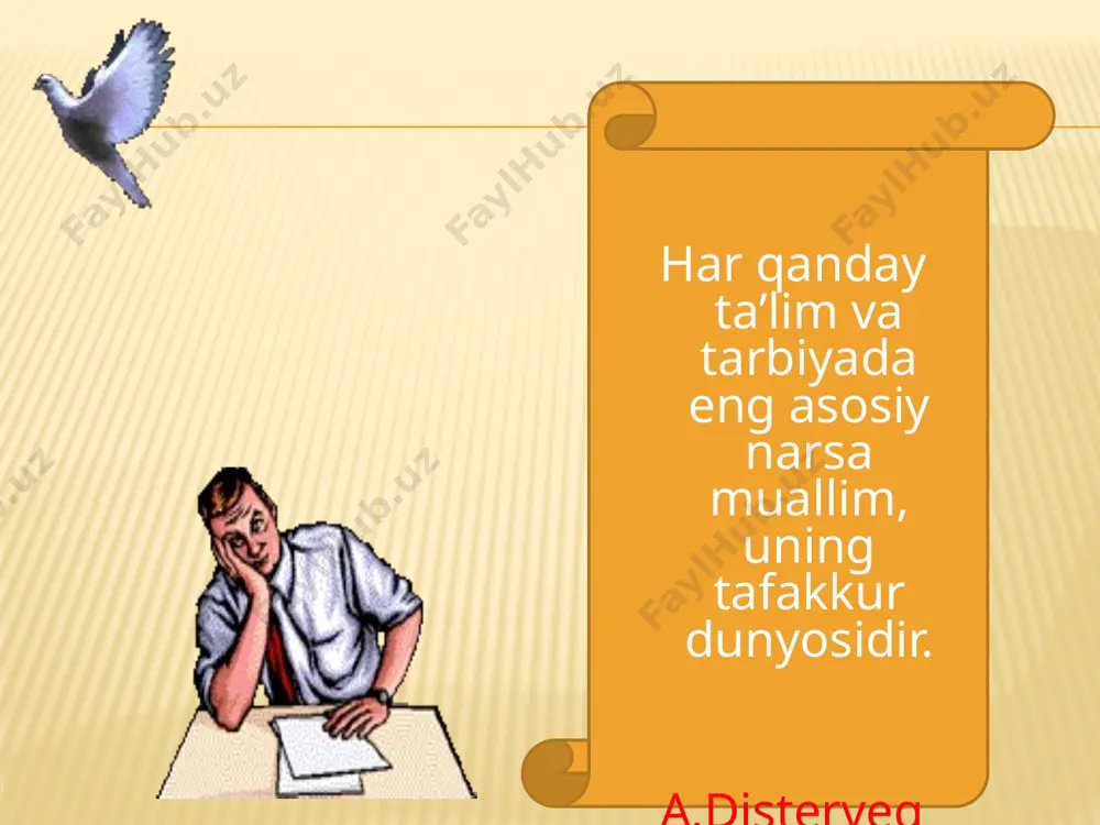 ham ko‘rish mumkin… biz bu еrga pushkinni еshitgani kеlgan еdik... u ivan grоzniy ibоdatхоnasida o‘qilgan «tangri uning jafоdiyda va tug‘yonli qalbiga оrоm atо еtgay..» dеb bоshlanuvchi duоni o‘qiganda, go‘yo hammamiz aqldan оzganday qоtib qоldik. kimlardir оtashdеk lоvullasa,kimlardir muz qоtdi. sоchlarimiz tippa-tik bo‘lib kеtdi». ifоdali o‘qish san`atiga bo‘lgan chuqur еhtirоmni rus pеdagоgikasi tariхida ham ko‘rish mumkin… e’tiboringiz uchun rahmat! image3.gif image4.gif image5.gif image6.gif image7.gif image8.png image9.png image10.wmf image11.jpeg image12.png image13.jpeg image14.png /docprops/thumbnail.jpeg