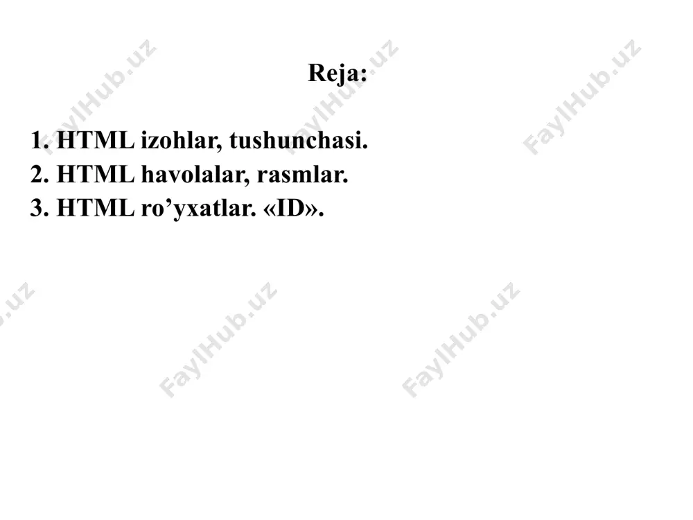 lash uchun (list item – ro’yxat elementi) juftmas tegi qo’llaniladi. tegi bilan boshlangan ro’yxat elementi doimo yangi satrda aks etadi. masalan, jadvaldagi birinchi ustunidagi markerli ro’yhatni ifodalovchi html-hujjat lavhasi quyidagicha yoziladi: tabiiy savol yuzaga keladi: qanday qilib marker ko’rinishini o’zgartirish mumkin? markerli ro’yxatni belgilovchi tegi type parametri bilan yozilishi mumkin. bu parametr disk (doira), circle (aylana), square (bo’yalgan kvadrat) qiymatli bo’lishi mumkin, masalan . agar tegi yuqoridagi kabi parametrsiz yozilsa web-brauzer ro’yxat markerini disk qiymatli deb hisoblaydi. ro’yxat elementini ko’rsatuvchi tegi ham type parametri bilan yozilishi mumkin: jadvaldagi tartiblangan ro’yhatni web-sahifada aks ettirish kerak bo’lsa, html-hujjat lavhasi va web-brauzerda ko’rinishi quyidagicha bo’ladi: web-sahifaga jadval kiritish uchun (table - jadval), (table row – jadval satri), (table header – jadvaldagi sarlavha) va (table data – jadval ma’lumotlari) juft teglari qo’llaniladi. tegi jadval boshlanishini, tegi esa jadval oxirini, juft tegi jadval satrini va juft tegi esa jadval ustunini belgilaydi. juft tegi sarlavhali katakchalarni …