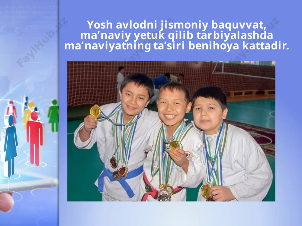 o‘lgan joyda, u xaloskor kuchga aylanadi. kishilarning qalbidan joy oladi. qayerdaki ma’naviyat, yoshlar tarbiyasi o‘z holiga tashlab qo‘yilsa, u jamiyat hayotida parokandalik yuz beradi. «xalq — ulug‘ va sharafli yo‘ldan ilgarilab borayotgan ulkan karvon kabidir. karvon bexatar bo‘lmas, degan gap bejiz aytilmagan. xalq karvonini hech qanday kuch ortga qaytarolmaydi. savol va topshiriqlar: 1. ma’naviy barkamollik deganda nimani tushunasiz? 2. insonning huquqiy, axloqiy, ilmiy, badiiy salohiyati nima bilan o‘lchanadi? 3. quyidagi rasmlarda tasvirlangan yoshlarni ma’naviy barkamol inson deb atay olamizmi? fikringizni asoslang. image2.jpeg image3.jpeg image4.jpeg image5.jpeg image6.jpeg image7.jpeg image8.jpeg image9.jpeg image10.jpeg image11.jpeg image12.jpeg image13.jpeg image14.jpeg image15.jpeg image1.jpeg