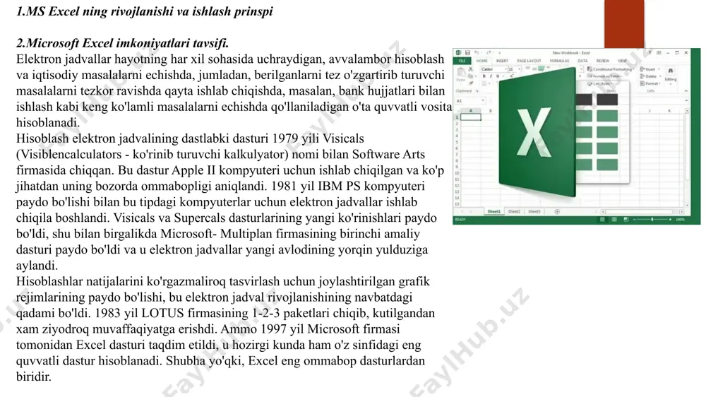 va imkoniyatlarining juda kengligi sababli ular bilan tanishish uzoq davom etishi mumkin, binobarin, aynan ish jarayonida uning yangi-yangi imkoniyatlarini ko'rish mumkin. 2. ishchi kitobi bilan ishlashning asosiy usullari. 1. microsoft excel ishchi joyini tasvirlash. ish joyining asosiy elementlari: - sarlavha paneli - hujjat nomidan iborat bo'lib, tepadan birinchi panel. sarlavha panelida hujjatning sistemali menyusi tugmasi va uni boshqarish tugmalari mavjud; - menyular satri - ikkinchi yo'lak menyular ro'yxatidan iborat bo'lib, ularning har biri shaxsiy menyusiga ega. menyuni tanlash - "sichqoncha" kursorini menyular satridagi menyu nomiga joylab, chap tugmasi bosiladi. har bir menyu vazifalarining tavsifi: - "fayl" menyusi - hujjatlarni hosil qilish, ochish, saqlash va chop etish, excel dan chiqish; - "taxrir" menyusi - diapazondan voz kechish, o'chirish, nusxa olish, joylash, izlash, almashtirish buyruqlari; - "ko'rinish" menyusi - hujjatlarni namoyish etish, uskunalar paneli va hujjat tasvirining masshtabini sozlash; - "o'rnatish" menyusi - hujjatga katakchalar, varaqlar, grafik tasvirlar va diagrammalar joylash; - …