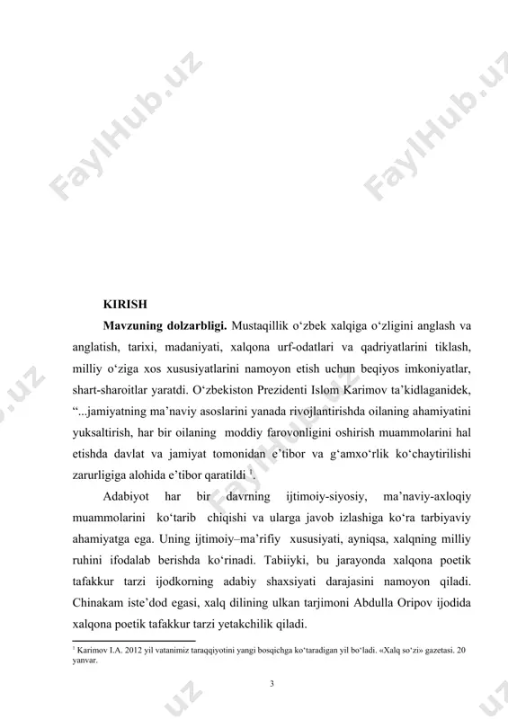 rishganligini ta’riflab, shoirning muxtasar ijodiy portretini yaratadi. shuningdek, shogirdi suvon meli bilan hamkorlikda yozgan “abdulla oripov” nomli risolasida esa shoir ijodini bugungi dunyoqarash va milliy mafkura tamoyillari asosida tadqiq etadi. mualliflar asosiy e’tiborni abdulla oripovning yangi o‘zbek she’riyatini boyitishdagi o‘ziga xos individual uslubini, badiiy kashfiyotlarini ko‘rsatishga qaratadilar. taniqli adabiyotshunoslar s.mamajonov, n.karimov, u.normatov, b.qosimov, b.akramov, i.haqqulov, a.ulug‘ov va n.jabborovlar aynan abdulla oripov ijodiga bag‘ishlangan maxsus ilmiy tadqiqot yaratmagan bo‘lsalar-da, ularning qator maqolalari va kitoblarida shoir she’riyatidagi mahorat qirralari adabiyotshunosligimizdagi ilmiy-nazariy masalalar bilan bog‘lab o‘rganilgan qimmatli kuzatishlar mavjud. adabiyotshunoslar i.g‘aniyev bilan n.afoqovalarning hammualliflikda yaratgan “ozod ruh falsafasi” risolasida abdulla oripov she’rlarining badiiyati, ijtimoiy ahamiyati va so‘z qo‘llash mahorati kabi masalalar tadqiq etiladi. tadqiqotning maqsadi. abdulla oripov she’riyatida xalqona poetik tafakkur muammosi masalasini yoritish jarayonida shoir she’rlaridagi ijtimoiy-ma’naviy ahamiyatni belgilash, badiiy mahoratning yangi qirralarini ilmiy–nazariy jihatdan umumlashtirish va shu asnoda shoir ijodining o‘zbek adabiyoti taraqqiyotida tutgan o‘rni hamda ahamiyatini ko‘rsatishdan iborat. tadqiqotning vazifalari. …