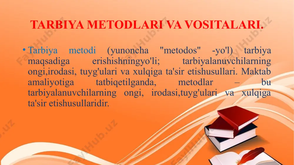 sub’ekti sifatida e’tirof etilishi bilan tavsiflanadi. inson kamolotida fuqarolik, kasbiy va axloqiy o’z – o’zini anglash jihatlari muhim ahamiyatga egadir. tarbiyaning shaxsga yo'naltirilganligi. mazkur g'oya ta'lim muassasasi amaliyotining markaziy nuqtasida tarbiyaviy ishlar dasturi, tadbirlar, ularning shakl, metod va vositalari emas. balki o'quvchi turganligini anglatishga xizmat qiladi. tarbiya jarayonida uning shaxsiy xususiyatlari, qiziqishlari, o'ziga xos xarakteri, o'z qadr- qimmatini anglash tuyg'ulari rivojlantirilib borilishi zarur. ixtiyoriylik. tarbiyalanuvchilarning iroda erkinligisiz tarbiya g'oyalari mohiyatini qaror toptirish mumkin emas. tarbiya jarayoni, agar u oqilona tashkil etilsa, bir vaqtning o'zida ham o'quvchi, ham o'qituvchi ma'naviyatining boyitilishiga xizmat qiladi. agar tarbiyachi o'quvchining qiziqishi, faoliyati, o'rtoqlik va fuqarolik burchini anglash, mustaqillikka intilish tuyg'ularini ko'ra va anglay olsagina uning irodali ekanligi ayon bo'ladi. tarbiyalanuvchining irodali bo'lishi ta'minlangan sharoitda uning shaxsiga ta'sirko'rsatishga yo'naltirilgan faoliyat jarayonida samaraga ershiladi. сўз орқали ифодалаш методи кўргазмалилик методи амалий, намуна методи рағбатлантириш ва жазо методи image2.jpeg image1.jpg /docprops/thumbnail.jpeg
