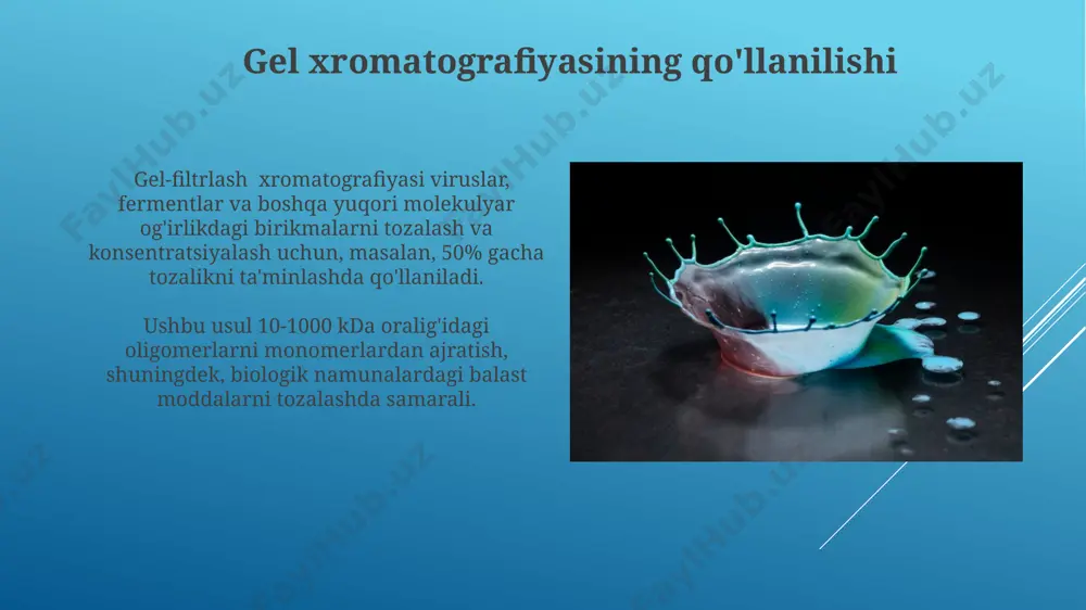 mumkin, bu esa oqsil yoki fermentlarning denaturatsiyasini oldini oladi va ularning biologik faolligini saqlaydi. elusiya usullari molekula o'lchamlariga qarab, eluantning hajmi 50 dan 500 ml gacha o'zgarib, fraksion yig'ish vositasi yordamida ajratilgan moddalar alohida probirkalarga to'planadi. gel-filtrlash xromatografiyasida ishlatiladigan eluantlarning ion kuchi va ph qiymati ajratilayotgan molekulalarning zaryadi va gidrofilligiga qarab 2 dan 10 gacha bo'lgan diapazonda tanlanadi. kolonani tayyorlash va to'ldirish kolonkalarni tayyorlashda 10-20 sm uzunlikdagi shisha yoki plastik kolonkalar ishlatiladi, ularning ichki diametri esa tajriba hajmi va zarur ajratish darajasiga qarab 1 dan 5 sm gacha bo'lishi mumkin. jelning kolonka ichiga to'ldirilishi sekin va bir tekis bo'lishi kerak, bu esa havo pufakchalarining hosil bo'lishining oldini oladi va 5-10% gellarning shikastlanishini kamaytiradi. e'tiboringiz uchun rahmat @taqdimot_robot image1.jpg image2.jpg image3.jpg image4.jpg image5.jpg image6.jpg image7.jpg image8.jpg image9.jpg image10.jpg image11.jpg image12.jpg