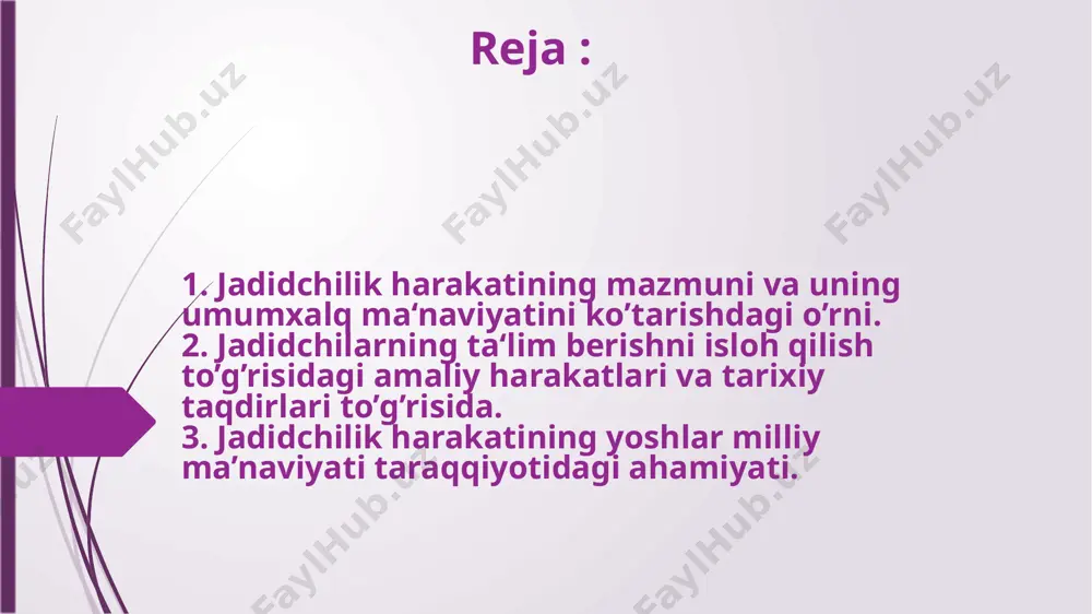 usulmon xalqlari orasida birinchi bo’lib jadidchilikka asos soladi. ismoilbek g’ospirali 1893-yilda toshkentga keladi va ziyolilar bilan uchrashadi. u yerdan buxoroga borib, amir abdulahadni jadid maktabi ochishga ko’ndiradi. ular ochgan maktab “muzaffariya” deb nomlanadi yangi usul maktablarida o’quvchilar chetga muntazam yuborilib turgan. chunki yoshlar u yerning bilimlarini egallab kelishlari va yoshlar o’rtasida targ’ib qilishlari kerak bo’lgan abdulla avloniy xix asr oxiri va xx asr boshlaridagi o’zbek milliy ma’naviy taraqqiyparvar shoiri, dramaturg, journalist olim, davlat va jamoat arbobi. abdulla avloniy o’lkada ta’lim teatr, matbuot soxalarining rivojlanishida kata hissa qo’shib, 1907-yilda “shuxrat” gazetasiga asos soldi. o’zi tashkil qilgan yangi usul maktabi uchun “birinchi muallim”, “ikkinchi muallim”, “turkiy guluston yohud ahloq” kabi darsliklarni yaradi. “turon” deb ataluvchi teatr jamoasini tuzadi. qator sahna ko’rinishlari, shu jumladan behbudiyning “padarkush” asarini ham sahna yuziga olib chiqadi (1878 -1934) abdulla abloviyning “ tarbiya biz uchun yo hayot,-yo najot,-yo halokat, - yo saodatdir” degan so’zlarini har bir maktab binosiga …