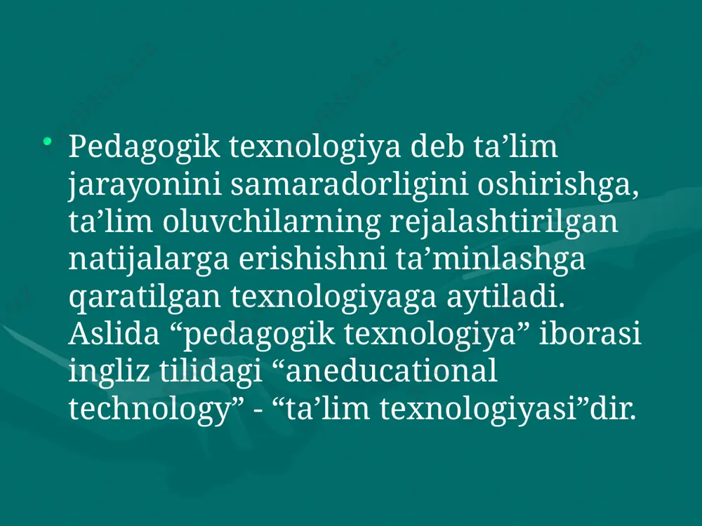 afolatlaydigan, ta’lim jarayonida inson va texnika resurslaridan foydalanishning loyihalashtirilgan muayyan tizimi. o’qitish texnologiyasi sathida o’quv jarayonining barcha komponentlari yoritiladi. shaxsga yo’naltirilgan texnologiya asosida talabalarning intellektual va yemotsional-motivatsion rivojlanishi, bilim va kasbiy malakalar shakllanishi, ta’lim jarayoniga qadriyat sifatida yondashish munosabatini ta’minlash, faollikni oshirish, o’z-o’zini anglash va mustaqilligini shakllantirish yotadi. shaxsga yo’naltirilgan ta’lim texnologiyasi fan, madaniyat va ma’rifat masalalari bo’yicha bmt tarkibidagi nifuzli bulim yunisko tomonidan ham tan olingan va shunday ta’rif berilgan: ta’lim texnologiyasi ta’lim modellarini optimallashtirish maqsadida inson va texnika resurslari hamda ularning o’zaro ta’sirini hisobga olgan holda butun o’qitish va bilimlarni o’zlashtirish jarayonini yaratish, qo’llash va aniqlash tizimidir. e'tiboringiz uchun raxmat! image2.jpeg image3.jpeg image4.jpeg image1.jpeg