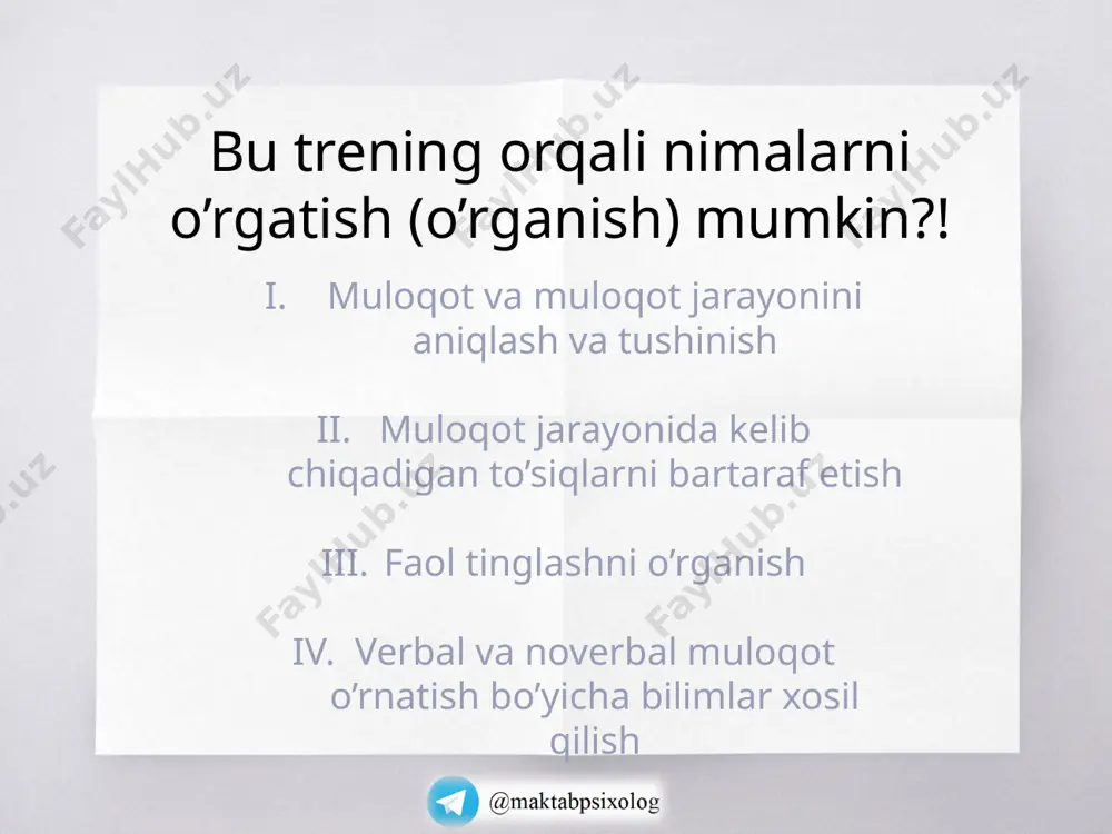 tayyorlab qo’yilgan qiziqarli lekin ishtirokchilarga noma’lum hikoya) matnni o’qiydi. eslab qolib matnni qaytib joyiga qo’yadi. 2- ishtirokchiga matnni aytib beradi. hech kim eshitmasligi zarur. keyin 2- ishtirokchi u matnni shu tarzda 3- ishtirokchiga yetkazadi (eslab qolib aytib beradi). ohirgi ishtirokchi bu matnni hammaga e’lon qiladi. va 1- ishtirokchi o’qigan matn bilan taqqoslab baland ovozda o’qiydi. 8 bu o’yin orqali ishtirokchilarga faol tinglash, muloqot jarayonidagi to’siqlar va axborotning o’zgarish darajasi …kabilar tushuntirilishi mumkin! eshitish passiv psixik jarayon, u sezgi, fiziologik jarayondir. u barcha jonzotda mavjud. eshitish va tinglash tinglash aktiv psixologik jarayon, aqliy faoliyat, tushunish(anglash) va fiziologik jarayonda sodir bo’ladi, o’rganish jarayonini yuzaga keltiradigan ko’nikma, u shakllantiriladi.faqat inson tinglaydi. 9 tinglash qiyin. siz tinglash jarayonida qatnashishni o’zlashtirishingiz muhim. yaxshi tinglash xushmuomalalik va xulq-atvorni aks ettiradi, rahbarlarning ko'rsatmalariga diqqat bilan quloq solish, malaka va ish faoliyatini oshiradi. sust tinglash mahoratining natijasi biznes, ish va ijtimoiy munosabatlarga salbiy ta’sir qiladi. yaxshi tinglash boshqalarning …