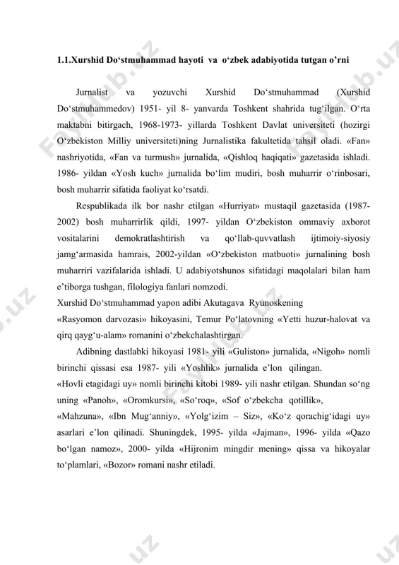 tasvirlashga intiladi. psihologik tasvirga moyilligi f.dostoyevskiy, f.kafka, f.ryunoske, g.markes singari jahon adabiyoti namoyandalari uslubidan ta’sirlanganini ko‘rsatadi. badiiy adabiyotda har qaysi janr o‘z o‘rni, fayzi, ahamiyatiga ega. lekin, hikoya janriga xos bo‘lgan imkoniyatlar tufayli hamisha u nisbatan ko‘p yaratiladi, ko‘p e’lon qilinadi, binobarin, har bir milliy adabiyotning o‘ziga xos kundalik nafasi, qadam olishi, mavqeyi hikoyada ko‘proq namoyon bo‘ladi. hayotning har bir qadamida hikoya uchun mavzu bo‘lishga arzigulik ming turli voqealar mavjud. derazadan tashlangan oniy nigohdan hikoya tug‘ilishi mumkin. ammo, gap hikoyada aks etadigan voqeada emas, balki mana shu oniy nigoh natijasida yozuvchi yuragida, tasavvurida paydo bo‘ladigan hayot haqiqatida, uni insoniy haqiqatga aylantiradigan ijodkor mahoratida, qolaversa, yozuvchining ijodiy jasoratida. buyuk rus adibi yuriy kazakov ta’kidlaganidek, «yozuvchining hayoti va faoliyati har kun, har daqiqa jasorat talab qiladi. agar yozuvchi shijoatli bo‘lmas ekan – tamom. u har qancha iste’dodli bo‘lsa foydasi yo‘q, iqtidori uni saqlab qololmaydi. u hasadgo‘yga aylanadi, o‘z birodarlari – qalamkash do‘stlariga …