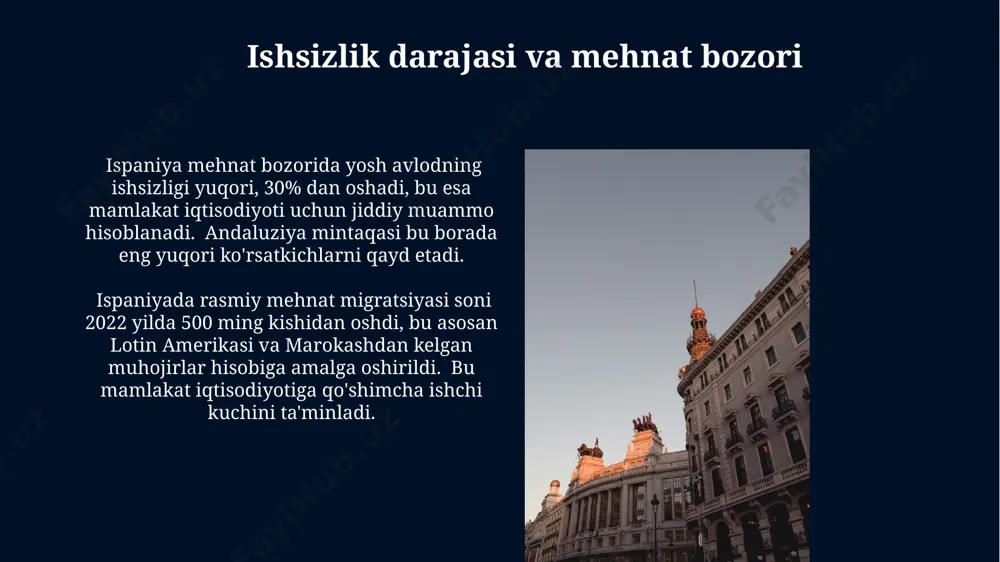 adi va mamlakat yalpi ichki mahsulotida 14% dan ortiq ulushni tashkil etadi. madrid va barselona kabi yirik shaharlar yevropa ittifoqining ichki bozoridan foyda koʻrib, xalqaro savdo va investitsiyalarni sezilarli darajada oshirdi. qishloq xo'jaligi ispaniyada 1 million gektardan ortiq maydon zaytun bog'lari egallaydi, bu esa dunyodagi eng yirik zaytun yetishtiruvchi mamlakatlardan biri bo'lishini ta'minlaydi va andalusiya, kastiliya-la mancha kabi mintaqalar asosiy ishlab chiqaruvchi hududlar hisoblanadi. ispaniya yevropa ittifoqida sabzavot va meva yetishtirish bo'yicha etakchi hisoblanadi va 2021 yilda 25 million tonnadan ortiq sabzavot va meva yig'ib olingan, bu mamlakatning eksport salohiyatini oshiradi va mursiya mintaqasi bu sohada muhim rol o'ynaydi. iqtisodiy siyosat va islohotlar мадрид ҳукумати инфляцияни назорат қилиш ва 2024 йилгача ишсизлик даражасини 10% дан пастга тушириш учун солиқ-бюджет сиёсатини қайта кўриб чиқиш бўйича кенг кўламли ислоҳотларни бошлади. испания 2023 йилда ялпи ички маҳсулотнинг 2% ўсишини таъминлаш мақсадида иқтисодий ўсишни рағбатлантиришга қаратилган янги ислоҳотларни амалга оширди, бунда европа иттифоқининг молиявий …