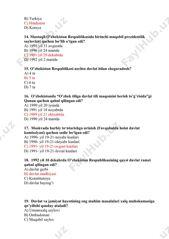 gerbi b) davlat bayrog‘i c) davlat madhiyasi d) konstitusiya 25. o‘zbekiston respublikasi konstitutsiyasiga qanday o‘zgartirish kiritiladi? a) referendum orqali b) oliy majlis yig‘ilishida c) senat yig‘ilishida d) oliy kengash yig‘ilishida 26. davlat hokimiyati necha bo‘g‘inga bo‘linadi? a) 1 b) 2 c) 3 d) 4 27. o‘zbekiston milliy taraqqiyot yo‘li bu – a) bozor munosabatlariga asoslangan huquqiy demokratik davlat qurish b) o‘z milliy xususiyatlarini saqlab qolish c) jahon bozoriga chiqish d) ijtimoiy himoyani mustahkamlash 28. o‘zbekstonning mustaqil taraqqiyot yo‘li bugungi kunda nima deb nomlanadi? a) o‘zbek modeli b) bozor iqtisodiyoti c) demokratik jamiyat d) konstitutsiyaning ustivorligi 29. “o‘zbek modeli” nechta tamoyil asosida joriy etilgan? a) 3 b) 6 c) 5 d) 7 30.taraqqiyotning “o‘zbek modeli” ning asoschisi – a) m.s.gorbachev b) r.nishonov c) v.elsin d) i.a.karimov 31. taraqqiyotning “o‘zbek modeli” qaysi yili ilgari surilgan? a) 1996 yilda b) 1990 yilda c) 1992 yilda d) 1991 yilda 32. mustaqil o’zbekiston respublikasida ikkinchi …