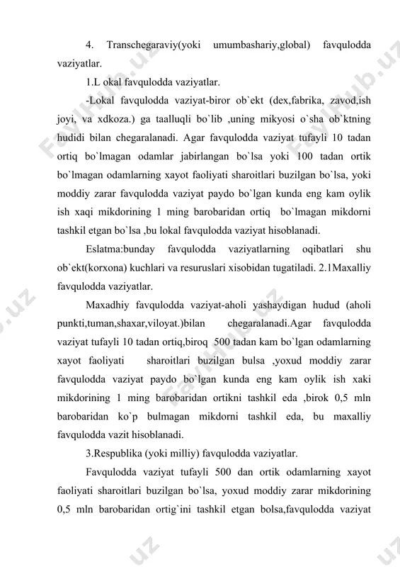 hamdir.yerda ro`y beradigan hamda insonlar qalbida behalovatlik va qo`rquv alomatini yuzaga keltiruvchi tabtiy ofatlar, ular bilan bog`lq bo`lgan voqea, hodisalar to`g`risida fikr yuritmoqkni jazm etdik. har qanday mamlakat iqtisodining barqaror rivojlanishidagi asosiy omllardan biri shu mamlakat hududlarida sodir buladigan tabiiy ofatlarning xususiyati va kulamiga bog`liqdir.zamonaviy fan -texnika qanchalik yuksak taraqqiy etmasin,mukammal ishlab chikdrish texnologiyasi jadal rivojlanmasin, insonning bashariyat tuzulishi to`g`risidagi tasavvuri nechog`li chukurlashmasin hamon tabiiy ofatlarni bartaraf etish,ularning oldini olishning aniq ko`rsatmalarini ishlab chiqish muammo bo`lib,ular oqibatida yuzaga kelayotgan iqtisodiy va jismoniy zarari yildan yilga ortib bormoqda. hatto,ayrim davlatlarda tabiiy ofatlardan keladigan zarar shu davlatning yalpi milliy maxsuloti mikdoridan bir necha bor oshib ketgan holatlarni uchratish mumkin. albatga,tabiiy ofatlarni maxsus tadqiq qilish,oldini olish bashoratlash yullarini ishlab chiqish hozirgi ilm-fan taraqqiyoti oldida turgan asosiy vazifalardan biridir.ushbu muammo birinchi marta keng miqyosda 1989 yil 22 dekabrda birlashgan millatlar tashkilotining bosh assambleyasi kun tartibiga qo`yildi va shu nufuzli tashkilot qabul qilgan qarorga binoan …