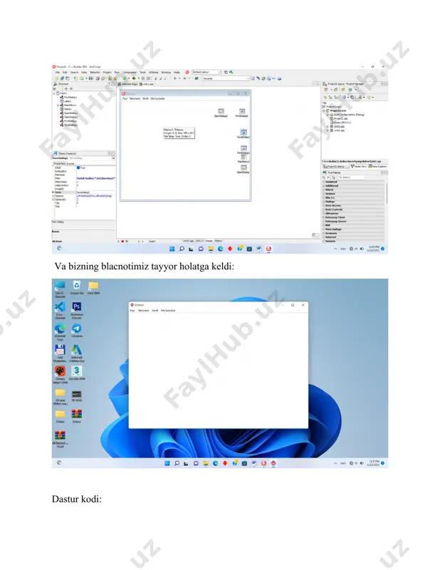 ------------------------------------- void __fastcall tform1::dasturhaqida1click(tobject *sender) { form2->showmodal(); } //--------------------------------------------------------------------------- void __fastcall tform1::chopetish1click(tobject *sender) { ansistring tfilename; if (filename == "yangi hujjat") { tfilename = "tempprint.txt"; memo1->lines->savetofile(tfilename); } else { tfilename = filename; } if (printdialog1->execute()) { shellexecutea(handle,"print",filename.c_str(), null, null, null); } } //--------------------------------------------------------------------------- image1.png image2.png image3.png image4.png image5.png