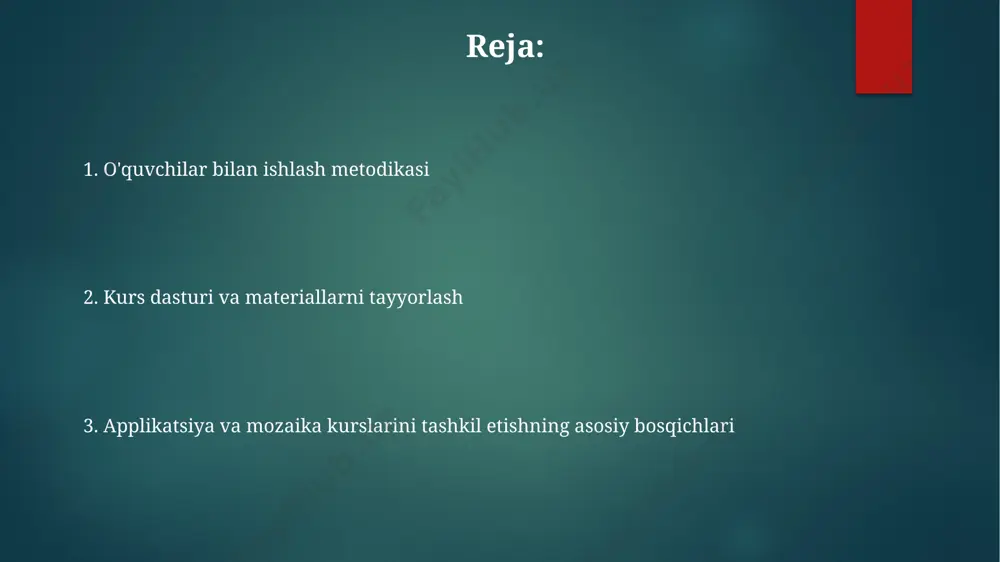 u ularning ijodkorligini va o'zaro ta'lim olishini oshirishga yordam beradi. har bir ishtirokchining yakuniy ishlarini baholovchi jadval yarating, unda texnika (5 ball), dizayn (5 ball) va ijodiylik (5 ball) kabi mezonlarni ko'rsating. e'tiboringiz uchun rahmat @taqdimot_robot image1.png image2.png image3.png image4.png image5.png image6.png image7.png image8.png image9.png image10.png