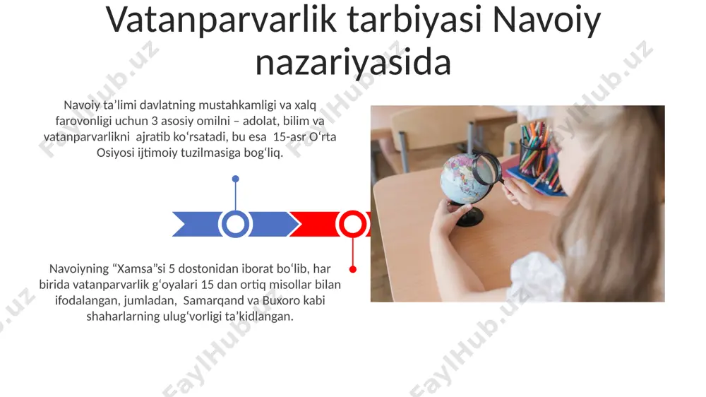 shaxsni tarbiyalashga oid g'oyalarini kuzatish mumkin. ijodkor shaxsni tarbiyalash navoiy qarashlarida axloq tarbiyasi navoiy asarlarida “munojot” dostonida tasvirlangan 15 yoshli qahramonning shaxsiy rivojlanishi va samarqanddagi muhitning uning axloqiy kamol topishidagi ta’siri tahlil qilinadi. navoiyning “mahbub ul-qulub” asarida 50 dan ortiq hikoya va rivoyat orqali bolalar tarbiyasi, xususan, axloqiy tarbiya masalalari keng yoritiladi, heratdagi madrasalardagi ta’lim tizimini aks ettiradi. estetik tarbiya navoiy asarlari orqali navoiy asarlarida ta’riflangan 20 dan ortiq tabiat manzaralari va obrazlar estetik didni shakllantirish, tabiatga mehr-muhabbatni tarbiyalashga qaratilgan. navoiyning “xamsa”si va boshqa asarlarida 5 ta turli badiiy uslub orqali estetik tarbiya masalalari, 15-asr samarqand shahridagi ijtimoiy hayot fonida yoritiladi. "xamsa"dagi pedagogik g'oyalar navoiy "xamsa"da turli ijtimoiy qatlamlar vakillarining 20 dan ortiq turli xil xarakterlarini taqdim etib, ular orqali 15-asr o'rta osiyo jamiyatida muhim pedagogik prinsiplarni aks ettirgan. "xamsa"dagi hikoyalarning 70% dan ortig'i ta'lim-tarbiya masalalariga bag'ishlangan bo'lib, axloqiy fazilatlarni shakllantirishga qaratilgan. navoiyning zamonaviy pedagogikaga ta'siri navoiyning adabiy asarlari orqali …