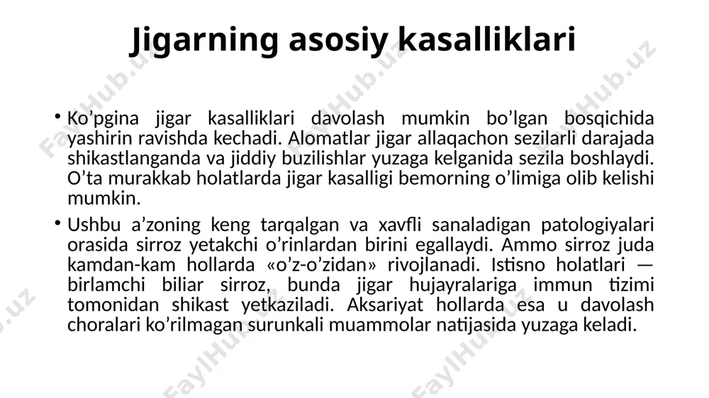 shqa omillarning kombinatsiyasiga bog’liq. kuniga 30 grammdan ortiq etanol iste’mol qilishda jigarning shikastlanish xavfi bir necha barobarga ortadi. kuniga 120-160 gramm dozada etanol jigar uchun mutlaqo zaharli hisoblanadi; zaharlanish. kimyoviy moddalarning jigar hujayralari faoliyatini buza olish qobiliyati gepatotoksiklik deb ataladi. bularga dori-darmonlar, sanoat kimyoviy moddalari, zamburug’ va bakteriya zaharlari kiradi; viruslar. gepatit a, b, c, d, e viruslari farqlanadi, ulardan eng keng tarqalgani — gepatit b va c viruslari sanaladi. zararlanish jinsiy aloqa, in’yektsiya, tibbiy muolajalar paytida va onadan bolaga yuqadi. kasallik o’zini hech qanday namoyon qilmasligi mumkin, shu bilan birga odam infektsiya manbai bo’lib qoladi. e’tibor bering jsst ma’lumotlariga ko’ra, dunyoda 257 million kishi gepatit b bilan, 71 million odam gepatit c bilan yashaydi. virusli gepatit siroz va jigar saratoni rivojlanishining asosiy sababchisi sanaladi. xoletsistit, pankreatit, o’t-tosh kasalligi natijasida safro dimlanishi va o’t yo’llarining yallig’lanishi; jigarning qon ta’minoti izdan chiqishi. bu yurak va qon tomirlari kasalliklarida qonning dimlanishi, qon …