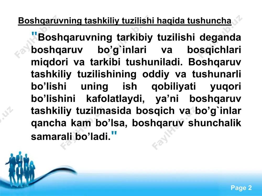 ri va byudjetining bajarilishi haqida hisobotni muhokama qilib tasdiqlaydi, iqtisodiyotni boshqarishning ijroiya tashkilotlarini shakllantiradi. free powerpoint templates page ‹#› milliy xo’jalikni boshqarishning ijroiya tashkilotlariga umumiy, tarmoq va maxsus vakolatga ega tashkilotlar kiradi. umumiy vakolatga ega ijroiya tashkilotlariga o’zbekiston respublikasi vazirlar mahkamasi, qoraqalpog`iston respublikasi vazirlar mahkamasi va xokimiyatlar kiradi. maxsus vakolatli tashkilotlar tarmoqlararo xususiyatga ega vazifalarni bajaradilar. ular qatoriga davlat qo’mitalarini kiritish mumkin. umumdavlat boshqaruvi tashkilotlarining asosiy vazifalari: fan–texnika taraqqiyotining asosiy yo’nalishlarini belgilash, tabiiy muhitni muxofaza qilish, pul va kredit tizimiga rahbarlik qilish, soliq va daromadlarni belgilash, hisob va statistikani tashkil etish, narx, tariflar belgilash, milliy xo’jalik tarmoqlariga rahbarlik qilish. free powerpoint templates page ‹#› o’zbekiston respublikasi vazirlar mahkamasining doimiy ish yurituvchi tashkilotlari faoliyati tarmoqlararo ilmiy-texnikaviy ishlarga rahbarlik qilish, fan-texnika sohasida tanlov, ko’ngilli asosda ishlarni tashkil etish kabi vazifalarni bajaradi. respublika tovar birjalarining asosiy vazifasi korxonalar bilan hamkorlikda mintaqada moddiy texnikaviy ta’minotning barqaror va samarali tizimini tashkil etish, iste’molli va ishlab …
