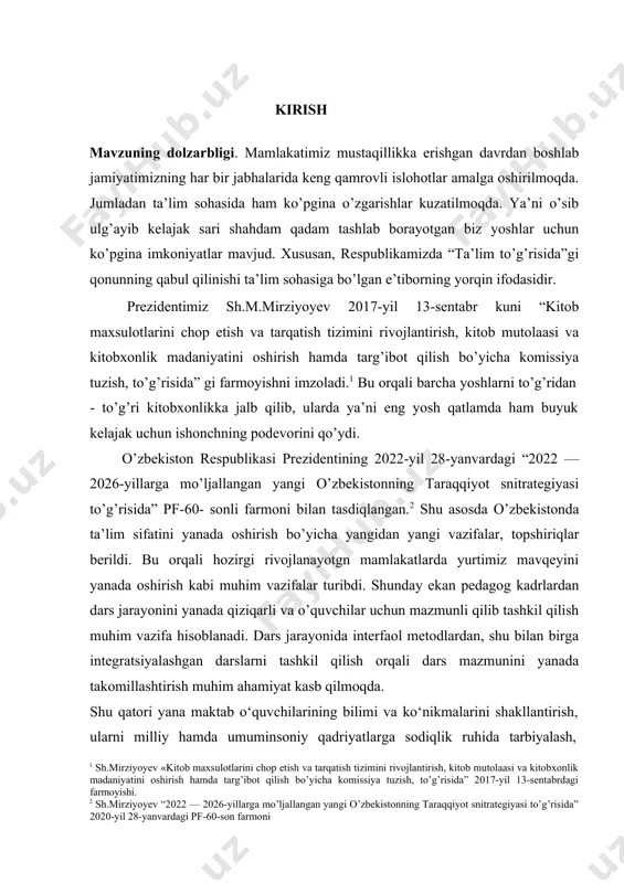 atlar yaratib berilmoqda.3 bugungi kun o’qituvchidan ilg’or pedagogik va yangi axborotlar texnologiyalaridan o’quv jarayonida foydalanishni talab etmoqda. o’tkaziladigan dars jarayonlariga alohida e’tibor beriladi, o’zgarishlar kiritiladi hamda interfaol metodlarni qo’llash orqali ta’lim-tarbiya berish jarayonida o’zgacha yondashuvlar kashf qilinadi.. o’ylaymizki, ushbu jarayon o’quv mashg’ulotlari samaradorligini oshirishda pedagoglarga amaliy yordam beradi. shuningdek, o’quvchilarni o’z yo’nalishini tanlash va mustaqil hayotga tayyorgarlik ko’nikmalarini shakllantirishdek mas’uliyatli vazifani bajarishda ularning yaqin ko’makchilardan biriga aylanadi. pedagogik tajribalarni o’rganish shuni ko’rsatdiki, maktabda ayniqsa, boshlang’ich sinf darslarida zamonaviy usul hamda zamonaviy pedagogik texnologiyani keng yo’lga qo’yish juda katta ahamiyatga ega. shu sababli respublikamizning juda ko’p olimlari bu masala ustida tinmay izlanish olib bormoqdalar. r.mavlonova, n.sayidaxmedov, u.nishonaliev, o’.tolipov, r.jo’raev, l.b.farberman, n.a.muslimov, k.zaripov, s.og’aev, j.yo’ldoshev, k.boysalov va boshqalar pedagogik texnologiya nazariyasini, pedagogik texnologiyaning asosiy yo’nalishlarini, mezonlarini o’z ishlarida ochib berganlar. jumladan, pedagog olimlar r. mavlonova, x.sanaqulov, d.xodievalarning ― “mehnat va uni o’qitish metodikasi” nomli o’quv qo’llanmasida, g.i.perevertenning ― “boshlang’ich 3 o‘zbekiston respublikasi …