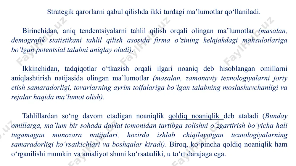 imallashtirish)da ham qo‘llaniladi. g‘alaba qozonish harakati - har qanday ssenariy amalga oshirilgan taqdirda foyda keltiradigan chora-tadbirlar (ularning mohiyati nomga to‘liq mos keladi). menejerlar ko‘pincha aniq g‘alaba qozonish harakatlariga e’tibor berishadi (masalan, xarajatlarni kamaytirish, raqobatda g‘alaba qozonish uchun muhim ma’lumotlarni to‘plash, yangi bilim va ko‘nikmalarni to‘plash). biroq, yuqori noaniqlik sharoitida ishlab chiqarish quvvatlarini kengaytirish va yangi bozorlarga kirishga sarmoya kiritish kabi qarorlar ham g‘alaba qozonishi mumkin. 3. tadbirkorlik faoliyati bilan bog‘liq tavakkalchiliklarning turlari. tadbirkorlik – foyda olish maqsadida o‘z mol-mulkini tavakkkalchilik asosida biznesga tikish jarayoni ekanligi tufayli, bunday faoliyat doimiy ravishda ma’lum bir xatarlar bilan bog‘liq bo‘ladi. tavakkalchilik – kelgusidagi vaziyat noaniq bo‘lgan sharoitda pirovard natija yaxshi bo‘lishiga umid bog‘lab, mol-mulk yoki foydadan mahrum bo‘lish (to‘liq yoki qisman) xavfini o‘z bo‘yniga olish tabiiy jarayonlar bilan bog‘liq tavakkalchilik ishlab chiqarishga oid tavakkalchilik mahsulotlarni asrash va tashishga oid tavakkalchilik tijorat faoliyatiga oid tavakkalchilik moliyaviy faoliyatga oid tavakkalchilik siyosiy, iqtisodiy va ijtimoiy harakterdagi tavakkalchilik …