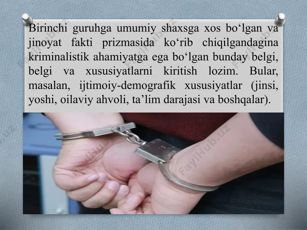 chik guruhni ajratish mumkin: • “xizmatchi-yollanma” (xizmat mavqeini suiiste’mol qilish, poraxo‘rlik, savdo-sotiq sohasidagi jinoyatlar va boshqalar yo‘li bilan davlat yoki jamoat mulkini o‘g‘irlash); • “yollanma-iqtisodiy” (spekulyatsiya); • “aslida yollanma” (o‘g‘irlik, talonchilik, talonchilik, firibgarlik, tovlamachilik); 3) turli ijtimoiy institutlar va talablarni, ularning fuqarolik, mansabdorlik, oilaviy va boshqa majburiyatlarini, davlat boshqaruviga, odil sudlovga qarshi jinoyatlar, harbiy jinoyatlar va boshqalarga nisbatan individual tarzda mensimaslik; 4) ijtimoiy institutlar va talablarga, ularning vazifalariga beparvolik va mas'uliyatsizlik bilan munosabatda bo‘lish, ehtiyotsizlik bilan sodir etilgan jinoyatlarda namoyon bo‘ladi. yana bir sababga ko‘ra tipologiya qiziq. jinoyat yo‘lida shaxs shakllanishining ijtimoiy genezasiga qarab, jinoiy shaxsning quyidagi turlarini ajratish mumkin: a) «tasodifiy» - holatlarning tasodifiy kombinatsiyasi natijasida va jinoyatdan oldingi barcha xatti-harakatlarning umumiy belgilariga zid ravishda birinchi marta engil jinoyatlar sodir etgan shaxslar; b) «vaziyatli» - tashqi holatlarning noqulay kombinatsiyasi ta’sirida birinchi marta og‘ir jinoyat sodir etgan shaxslar; va v) «beqaror» - birinchi marta jinoyat sodir etgan, lekin ilgari axloqsiz …