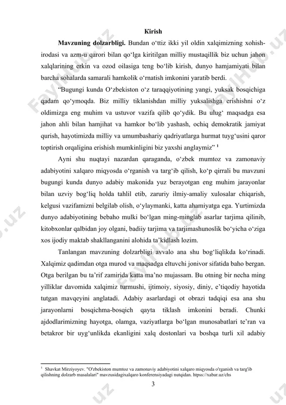 amiz. mamlakatlarimizning turli joylarida qad rostlagan minoralar, madaniy boyliklar nafaqat o‘tmishning, balki hozirgi zamonning ham ko‘rki bo‘lib turibdi. asarlarimizdagi mifologik qatlamni, badiiy obrazlarni, qahramonlarning mardligi, insoniy tuyg‘ulari va milliy o‘ziga xosligini ifodalashda ot obrazi katta ko‘mak bera oladi. shuning uchun ot obrazini tadqiq etish-xalq donishmandligi ijodi bo‘lmish dostonlarimizning badiiyatini, undagi mifologik qatlamni o‘rganish demakdir. badiiy asarlarning ko‘pchilikka ibrat bo‘luvchi qahramonlari hayoti, taqdiri uning doimiy hamrohi ot obrazisiz kemtik bo‘lib qoladi. tanlangan ushbu mavzuning dolzarbligi huddi shu o‘rinda ko‘rinadi. mavzuning o’rganilganlik darajasi. badiiy asarlardagi hayvon obrazining tarixiy ildizlari va badiiy talqinlari maxsus kurs ishiga mavzu qilib, atroflicha tadqiq etilmagan bo‘lsa-da, bu borada e’tiborga loyiq bir qancha maqola hamda talqinlar mavjud. ayniqsa, folklorshunoslikka oid hodi zarifovning ,,o‘zbek xalq dostonlarining tarixiy asoslari bo‘yicha tekshirishlar. jangovar ot obrazining qadimiy asoslariga doir”[footnoteref:2] tadqiqoti izchilligi, epik qahramon hamda jangovar ot munosabaqa dostonlardagi ot obrazining tarixiy-mifologik hamda hayotiy asoslarini g‘irko‘k va boychibor misolida ilk bor yoritib berganligi …