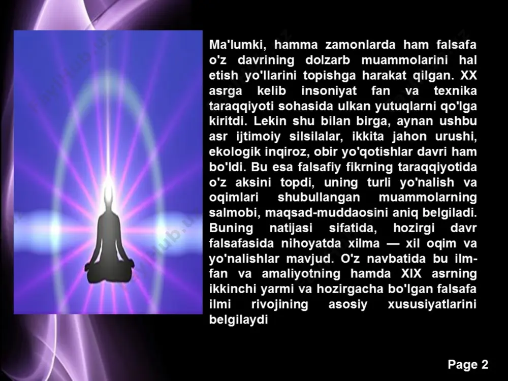 r boshi shu bilan birga, falsafaning klassik ildizlarini saqlab qolishni diniy oqim bo’lgan neotomizm ham yoqlab chiqdi. neatomizm shu bugunga qadar ham o’z mavqeyini yo’qotmagan bo’lib, katolik cherkovi tomonidan qo’llab-quvvatlanadi. bunda ayniqsa rim papasi rahbarlik qiladigan vatiganning faoliyati muhim o’rin tutadi. neotomizm — xx asrdagi eng yirik diniy-falsafiy oqim bo’lib, u o’rta asrlardagi (xiii asr) foma akvinskiyning ta’limotini qaytadan tikladi. u (neo — yangi, tomizm — «foma», transkripsiyada «toma» bo’lib o’zgargan) foma akvinskiyning yangi, zamonaviy ta’limoti demakdir. bu ta’limotga ko’ra, ilm va e’tiqod o’rtasida to’la muvofiqlik, uyg’unlik bor. ular bir-birini to’ldirib turadi, har ikkisi ham xudo tomonidan berilgan haqiqat. falsafa haqida neotomizm vakillari fikricha, ilm yetmagan joyda e’tiqod kqo’llanishi kerak. lekin bu e’tiqod ko’r-ko’rona, shunchaki ishonch bo’lmay, balki mantiqan teran anglangan e’tiqod bo’lishi kerak. xudoning mavjudligini falsafa turli mantiqiy usullar orqali isbot qilishi lozim. shunday qilib, falsafaning vazifasi dinga xizmat qilishdan iboratdir. neotomistlar dunyoni, jamiyatni xudo yaratgan, jamiyat taraqqiyoti xudoning …