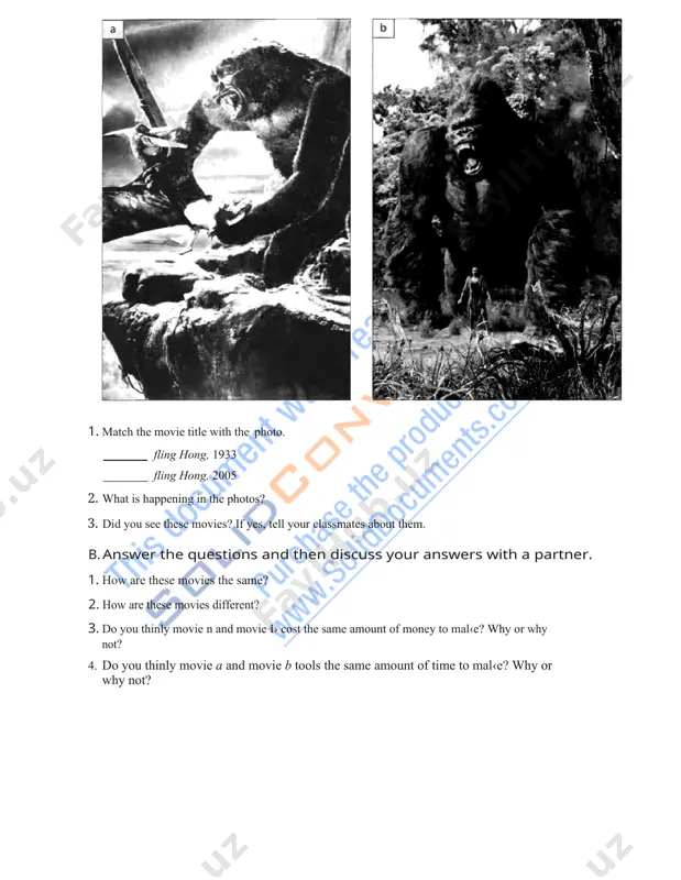 e classic. * a movie classic: a movie that is popular for a long time 2 techniques: ways of doing things activity 4 times 20 answer as many questions as you can without looking at the text. discuss your answers with a partner. 1. what is the text about? a. why the 1933 movie lying kong is famous b. the differences between the 1933 fling hong and the 2005 king hong c. the special effects in thing hong 2. why was the 1933 king kong unusual? a. because it had so many special effects b. because it took a short time to mal‹e the movie c. because the movie was inexpensive to make 3. how much did the 2005 king hong cost to make? a. $200 b. $200,000 a. $200 million 4. in one scene in the 1933 icing hong, what did the filmmakers use? a. an 18-inch model of …