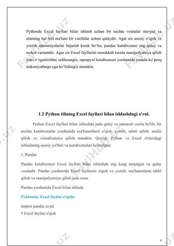 . excel fayllarini avtomatlashtirish python yordamida excel fayllari bilan bog'liq jarayonlarni avtomatlashtirish mumkin. masalan, ma'lumotlar to'plamini o'qib, kerakli tahlillarni bajarish, natijalarni hisoblash va keyin yangi faylga yozish. python excel fayllari bilan ishlashda keng qo'llaniladigan va samarali vositalarga ega. pandas esa ko'plab ma'lumotlar tahlili jarayonlarini avtomatlashtirish uchun ideal vosita bo'lib, openpyxl esa batafsil va mukammal formatlash imkoniyatlarini taqdim etadi. xlsxwriter esa faqat yozish va vizualizatsiya qilish uchun juda mos keladi. pythonning kuchli kutubxonalari yordamida excel bilan ishlashni yanada samarali va qulay qilish mumkin. 1.3 excel fayllari turlari (xls, xlsx, csv). 1. xls (excel 97-2003) · tavsif: bu eski excel formatidir, 2003-yilga qadar ishlatilgan. · foydalanish: bu formatda 65,536 qator va 256 ustun mavjud edi. · afzalliklari: eski excel versiyalariga mos keladi. · kamchiliklari: yangi versiyalar uchun ba'zi yangi funksiyalarni qo'llab-quvvatlamaydi va hajmi kichikroq. keng tarqalganligi: eski versiyalardan foydalanadigan foydalanuvchilar uchun zarur. 2. xlsx (excel 2007 va undan yuqori versiyalar) · tavsif: …