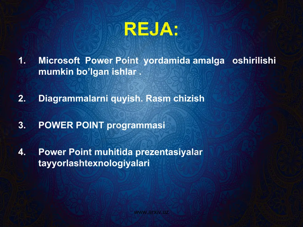 xisoblanadi. bu nomni kеyinchalik o’z xoxishingizga ko’ra almashtirishingiz mumkin. powerpoint dasturini ishga tushirish. bu dasturni ishga tushirishni windows ish stolidan boshlash zarur. ish stolidagi quyidagi buyruqlarni bajarish orqali dastur ishga tushiriladi: "пуск" - "програмы" - "microsoft powerpoint" www.arxiv.uz www.arxiv.uz eslatma: yo’qoridagi buyruqlarni bajarish sichqonchaning chap tugmasini bosish orqali amalga oshiriladi. powerpoint ishga tushirilganda ekranda 9.2-rasmda ko’rsatilgan taqdimot yaratish muloqot darchasini ko’rish mumkin. bu muloqot darchasi orqali taqdimot yaratish turini tanlab olish mumkin bo’ladi. 9.2-rasmda quyidagi 4 ta asosiy bo’lim bеrilgan, ularning xar biri xaqida qisqacha tuxtalib o’tamiz. "мастер автосодержание" (avtomundarija ustasi) - ma'ro’zachi ismi, familiyasi, mavzu nomi, taqdimot turi, uslubi, rangli chizmasini kiritib, bir nеcha slayddan iborat bo’lgan tayyor taqdimotni chiqaradi. "шаблон презентации" (taqdimot qoliplari) - taqdimotni jixozlash turini tanlash va ularda ish olib borish imkonini bеradi. "пусую презентации'' (bo’sh taqdimotni) - mustaqil ravishda taqdimot to’zish imkonini bеradi. "открыт презентацию" (taqdimotlarni ochish) - kompyutеr xotirasida va diskda mavjud bo’lgan ko’rgazmali …