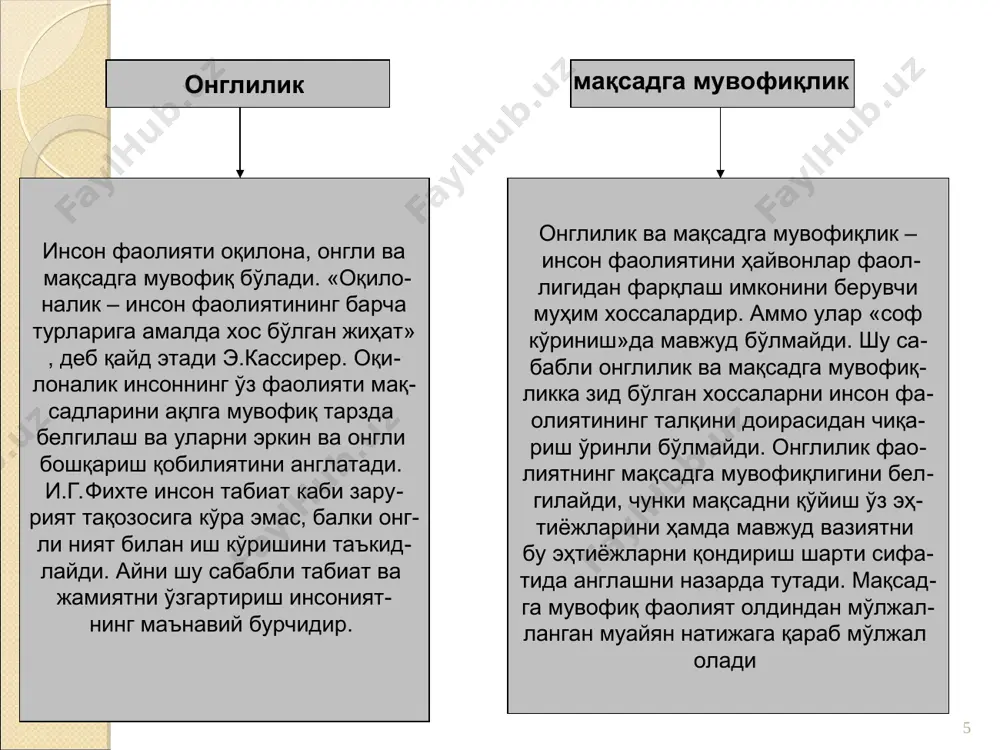 rish qobiliya- tini, insonning o'z qilmishlari uchun avvalo o'zi oldida javobgarligini na- zarda tutadi. axloq inson aqlini ezgu ishlarga yo'naltiradiki, bu shaxsiy manfaatdorlik tuyg'usidan xoli yaxshi niyatlarda namoyon bo'ladi. individ erkinligi va axloqiy qadriyatlarning mos kelishi axloqqa xos xususiyatdir. 2. jamiyatning axloqiy qoidalari shaxsga bu qoidalarga rioya etish majburiya- tini yuklaydi, shu sababli burch axloqiy qilmishlarga turtki beradigan mu- him ichki omil hisoblanadi. bundan xulq-atvor me'yorlari va andozalariga oddiy rioya etish nari borsa ijtimoiy jarayon bir maromda kechishini ta'- minlash imkonini beradi. uning rivojlanishi uchun esa ijod imkoniyat yara- tadi. bunda ijodning vazifasi tarix talablariga javob berish, faoliyat- ning mutlaqo yangi dasturlarini topishdan iboratdir. xulosa