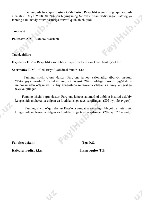 tuzilgan. ushbu dastur asosida zamonaviy pedagogik texnologiyalarni o‘qitish jarayoniga tadbiq etib, talabani nazariy ma'lumotidan boshlang‘ich amaliy ko‘nikmalarni bajarishga o‘rgatib va orttirilgan ko‘nikmalarni zamonaviy tibbiy texnologiyalar orqali klinik amaliyot bilan uyg‘unlashtirgan holda mustaqil ravishda kasalliklarning etiologiya va patogenezini aniqlash uchun zamin yaratib beradi. dasturning maqsad va vazifalarini yechimi yakunida talaba patologiya fanidan olgan bilim va amaliy ko‘nikmalarni klinik amaliyotda uyg‘unlashtirib, yetuk, raqobatbardosh, mustaqil klinik fikrlash qobiliyatiga ega bo‘lgan umumiy amaliyot shifokori bo‘lib shakllanadi. mazkur fanga o‘quv rejadagi biologiya, odam anatomiyasi, normal fiziologiya, biokimyo, fanlari nazariy zamin bo‘lib xizmat qilsa, terapiya, kardiologiya, urologiya, ginekologiya va boshqa klinik fanlarga patologiya fani nazariy zamin bo‘lib xizmat qiladi. talaba patologiya fanini o‘rganishda biologiya, gistologiya, genetika, normal fiziologiya, biokimyo va boshqa fanlardan egallagan bilimlariga asoslanadi. ushbu namunaviy dastur fanning tarixi va rivojlanish tendensiyasi, istiqbolli masalalarini qamraydi, inson organizmida kasallikni rivojlantiruvchi etiologik omillar, klassifikasiyasi, ularning organizm bilan o‘zaro munosabati, hamda bo‘lg‘usi umumiy amaliyot shifokorlarida kasallikning etiologik omillarini …