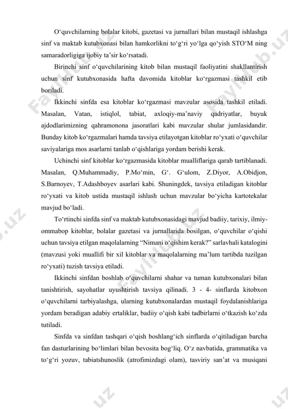 riga yordam beradigan adabiy ertaliklar, badiiy o‘qish kabi tadbirlarni o‘tkazish ko‘zda tutiladi. sinfda va sinfdan tashqari o‘qish boshlang‘ich sinflarda o‘qitiladigan barcha fan dasturlarining bo‘limlari bilan bevosita bog‘liq. o‘z navbatida, grammatika va to‘g‘ri yozuv, tabiatshunoslik (atrofimizdagi olam), tasviriy san’at va musiqani o‘rganishda olingan bilim va hosil qilingan ko‘nikmalar o‘qish darslari va sto‘m da foydalaniladi. sto‘m 1-sinfda o‘quv yilining boshidan, ya’ni sentabr oyining birinchi haftasidan haftada bir marta savod o‘rgatish davri “o‘qishga o‘rgatish” darslarining 20 daqiqasida tashkil etib boriladi. 1-sinfda sto‘m ning maqsadi o‘quvchilarda “kitobga mehr uyg‘otish, mustaqil uquvlarini paydo qilishdir”(2; 93-b) aksariyat o‘qituvchlarimiz sto‘m ning dastur talablari hamda metodikasini yaxshi o‘rganmaganliklari bois, 1-sinfda bu mashg‘ulotlarni ikkinchi yarimyillikdan boshlab o‘tadilar. emishki, birinchi yarimyillikda o‘quvchilar hali o‘qishni bilmaydilar, mustaqil kitob bilan ishlay olmaydilar. ha, to‘g‘ri, o‘qishni bilmaydilar, lekin sto‘m metodikasi (3; 4-b) da ta’kidlanishicha, 1-sinfning birinchi yarimyilligida o‘quvchilarga ularning oila a’zolari o‘qib beradilar. ana shundan so‘ng, o‘quvchi mashg‘ulot davomida oila a’zolari tomonidan o‘qib …
