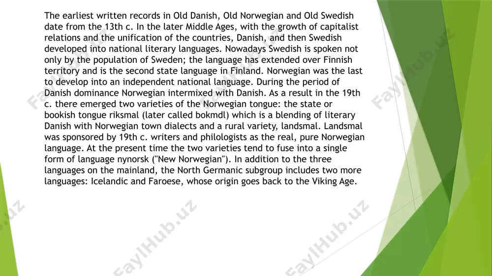 ely related to faeroese and norwegian. 2. the origin of the icelandic language. iceland was settled in the period a.d. 870-930. most of the settlers came from norway, especially western norway, a few of them from sweden and some from the british isles, including ireland. the language, which came to prevail in iceland, was that of the people of western norway. it is commonly agreed that a considerable part of the immigrants was of celtic stock (estimates, based partly on physical-anthropological studies, vary from 10 to 30 percent). however, the icelandic language shows only insignificant traces of celtic influence. the only evidence is a few celtic loan words and a few personal names and place-names. icelandic and norwegian did not become markedly different until the fourteenth century. from then onwards the two languages became increasingly different. this was for the most part due to changes in the norwegian language, which …