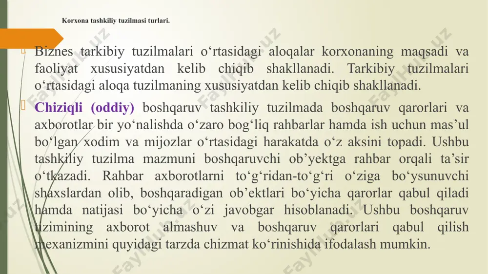 boshqarishni tashkil etadi. tashkilotni boshqarishning umumiy tizimini quyidagi chizmada ko‘rish mumkin boshqaruv tizimi umumiy sxemasi rejalashtirish natijalarni hisoblash va tahlil qilish prognoz rejani amalga oshirish boshqruvning ushbu umumiy tizimi yuqorirda keltirilgan barcha boshqaruv tizimida ish yuritayotgan biznes vakillari uchun qo‘llaniladi. chunki faoliyatni boshlashdan oldin bozorni o‘rganib, uning ijobiy va salbiy jihatlari, keyingi davrlarda bo‘ladigan o‘zgarishlarini inobatga olgan holda loyiha prognozi tayyorlanadi. bozordagi holat prognozi ijobiy bo‘lgan holda keyingi bosqich rejalashtirishga o‘tiladi. rejalashtirish bosqichida bines faoliyatini boshlash, mahsulot ishlab chiqarish (xizmat ko‘rsatish va h.k.)ni tashkil etish, xom-ashyo bozorlari, ularning narxlari va mahsulot xaridorlari hamda xarajatlarni qoplash uchun zarur bo‘lgan miqdordagi mahsulot sotish masalalari o‘rganiladi. korxonaning tashkiliy dizayni – biznesni yuritish uchun xizmat qiladigan korxonaning bazaviy arxitekturasidir. tashkiliy dizayn faoliyatni tashkil etishda ishchi kuchi va imkoniyatlardan eng samarali foydalanishni ta’minlaydi.korxonaning tashkiliy dizayni modeli tarkibi topshiriq, tarkibiy tuzilma, jarayon, motivatsiya tizimi va xodimlardan iboratdir xulosa korxona tashkiliy tuzilmasi va dizayni uyg‘unligining optimal variantini …