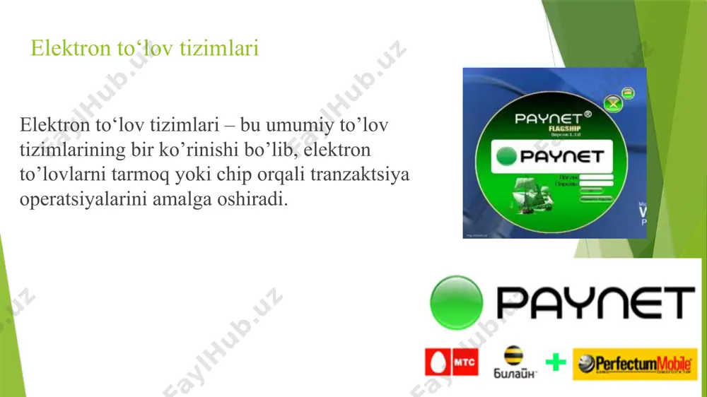 tizim aksariyat internet-do’konlarning elektron to’lovlarida ishlatiladi va o’zining o’ta mustahkam xavfsizlik tizimi bilan ajralib turadi. hozirgi vaqtda webmoney tizimidan foydlanuvchilarning qariyib 70 foizi rossiyaliklardir. o’zbekistonda ham mazkur to’lov tarmog’i oxirgi 2 yil ichida keng ishlatila boshlandi va hattoki, uning wmz-belgilarini milliy valyuta – so’mga almashtiradigan saytlar paydo bo’ldi. elektron pullar rossiyada ommabop bo’lgan to’lov tizimlaridan yana boshqalari yandeks.dengi va qiwi-kosheleklardir. tadqiqotlarga ko’ra 12 millionga yaqin rossiyaliklar “yandeks.denьgi”, 13 millionlan ortig’i “qiwi koshelek” akkaunt (hisob-raqam)lariga ega. bu elektron to’lov tizimlarni boshqacha qilib fiatsiz elektron pullar deb ham atashadi. bular qatoriga yana quyidagi tizimlarni kiritish mumkin: easypay okpay rbk money dengi@mail.ru (qiwi- 100% sotib olgan) elektron pullar kripto valyutalar bitcoin litecoin eleksnet payqr perfect money paypal moneybookers va boshqalar. bu to’lov tizimi 2010 yilda o’zbekiston savdo-sanoat palatasi, atb “mikrokreditbank” va «beeline» uyali telefon operatori hamkorligida yaratilgan va boshida «sms-to’lov» degan nom olgan edi. ishlash prinsipi click.uz tizimiga o’xshash. ushbu to’lov tizimlari orqali …