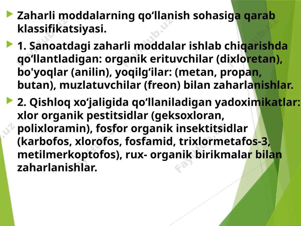zahar moddalarning organizmga kirishiga qarab quyidagi tur­lari farqlanadi: 1. peroral 2. ingalyatsion 3. teri orqali zaharlanishlar. 4. in’eksion zaharlanishlar 5. zaharli moddalarning to‘g‘ri ichakka va quloqqa tushishi oqibatida zaharlanish yurakka ta’sir qiluvchi zaharli moddalar: yurak glikozidlari (digitalis, digoksin, lantozid) antidepressantlar: (imipramin, amitriptilm), o‘simlikzaharlari (akonit, zamanixo, xinin), hayvon zaharlari (tetrodotoksin), tuzlar (bariyli, kaliyli). nevrlarga ta’sir qiiuvchi zaharli moddalar psixofarmokologik dori vositalari (narkotiklar, trankvilizatorlar, uxlatuvchilar) fosforganik birikmalar, izoniozid birikmalari (tubazid, ftivozid) alkogol va uning maxsulotlari va tarkibida alkogol saqlovchi birikmalar , is gazi (co) buyrakka ta’sir qiluvchi zaharli moddalar: og`ir metall birikmalari etilenglikol shavel kisiotasi. jigarga ta’sk qiiuvchi zaharli moddalar xlorlangan uglevodorodlar (dixloretan), zaharli zamburug'lar (oq pagonka) fenollar va aldegidlar. qonga ta’sir qiluvchi zaharli moddalar: anilin va uning brikmalari, nitratlar. mishyak vodorod oshqozon-ichakka ta’sir qiiuvchi zaharli moddalar o‘tkir kislota va ishqorlar, og'ir metall birikmalari va mishyak klinik kechishiga qarab o‘tkir va surunkali klinik belgilarning namoyon bo'lishiga qarab yengil o‘rta og` ir o‘ta …